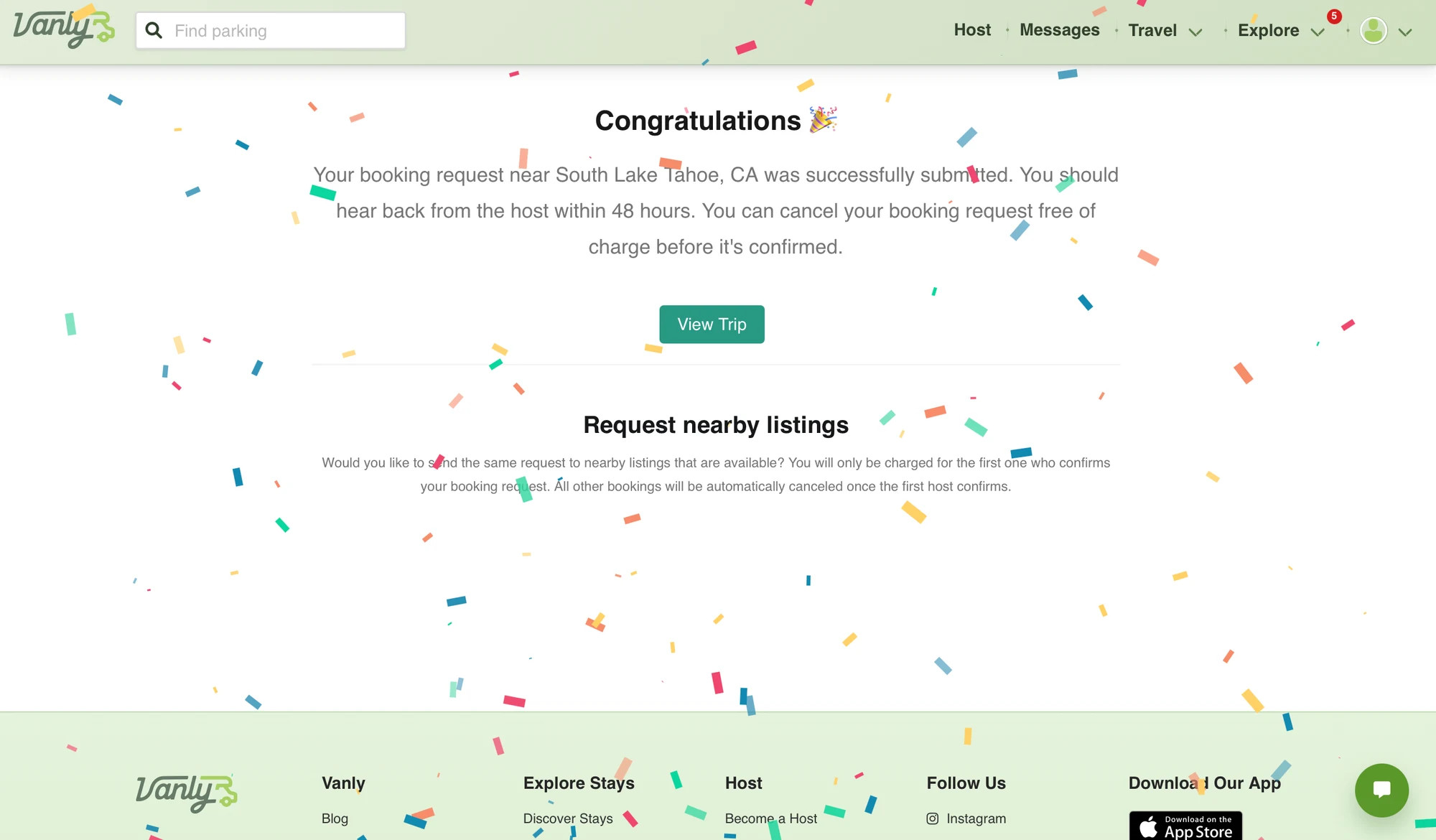 Vanly Trips page showing counts for upcoming stays, past stays, and reviews due.