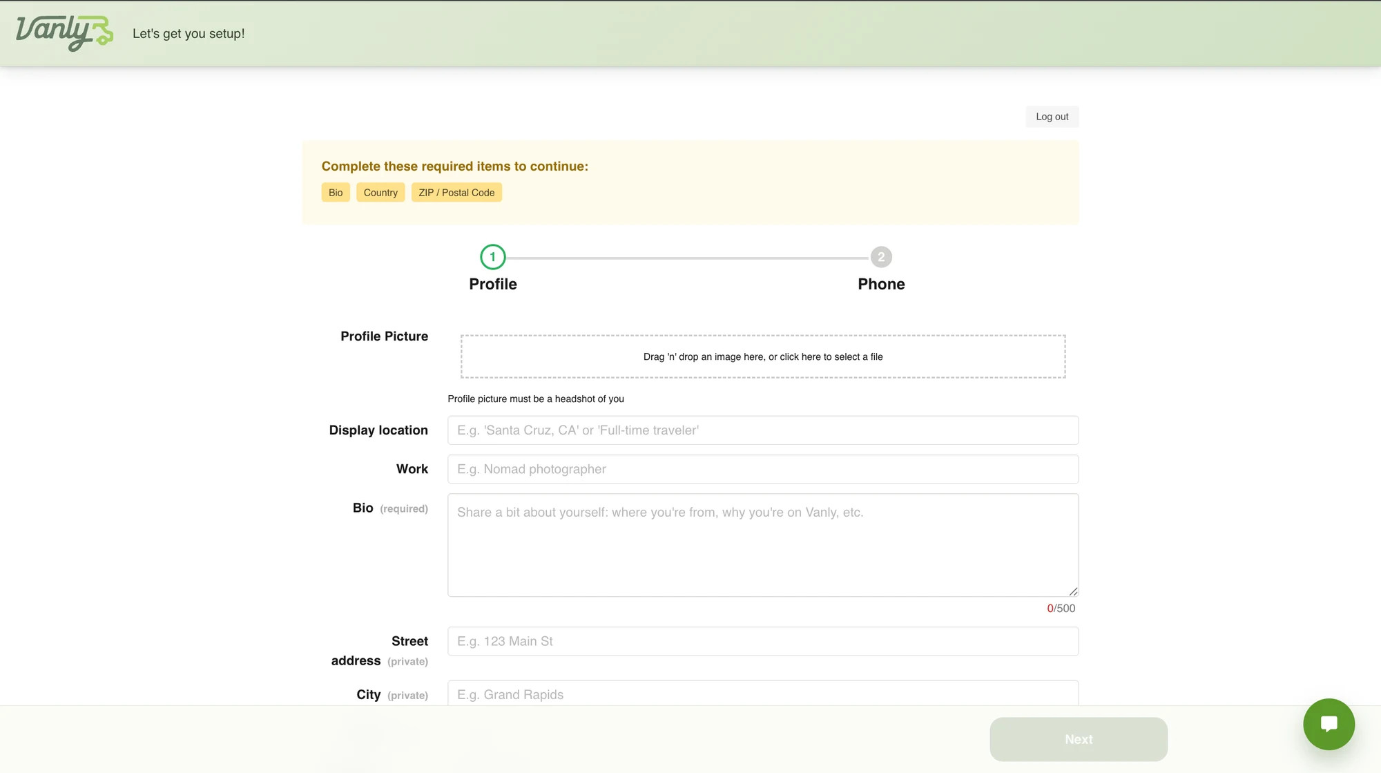 Vanly profile form showing required personal information fields.