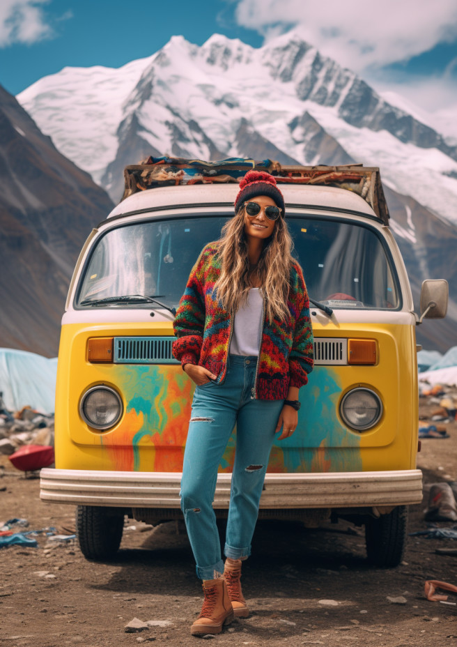 A fearless female traveler striking a pose in front of her colorful campervan against a stunning mountain backdrop