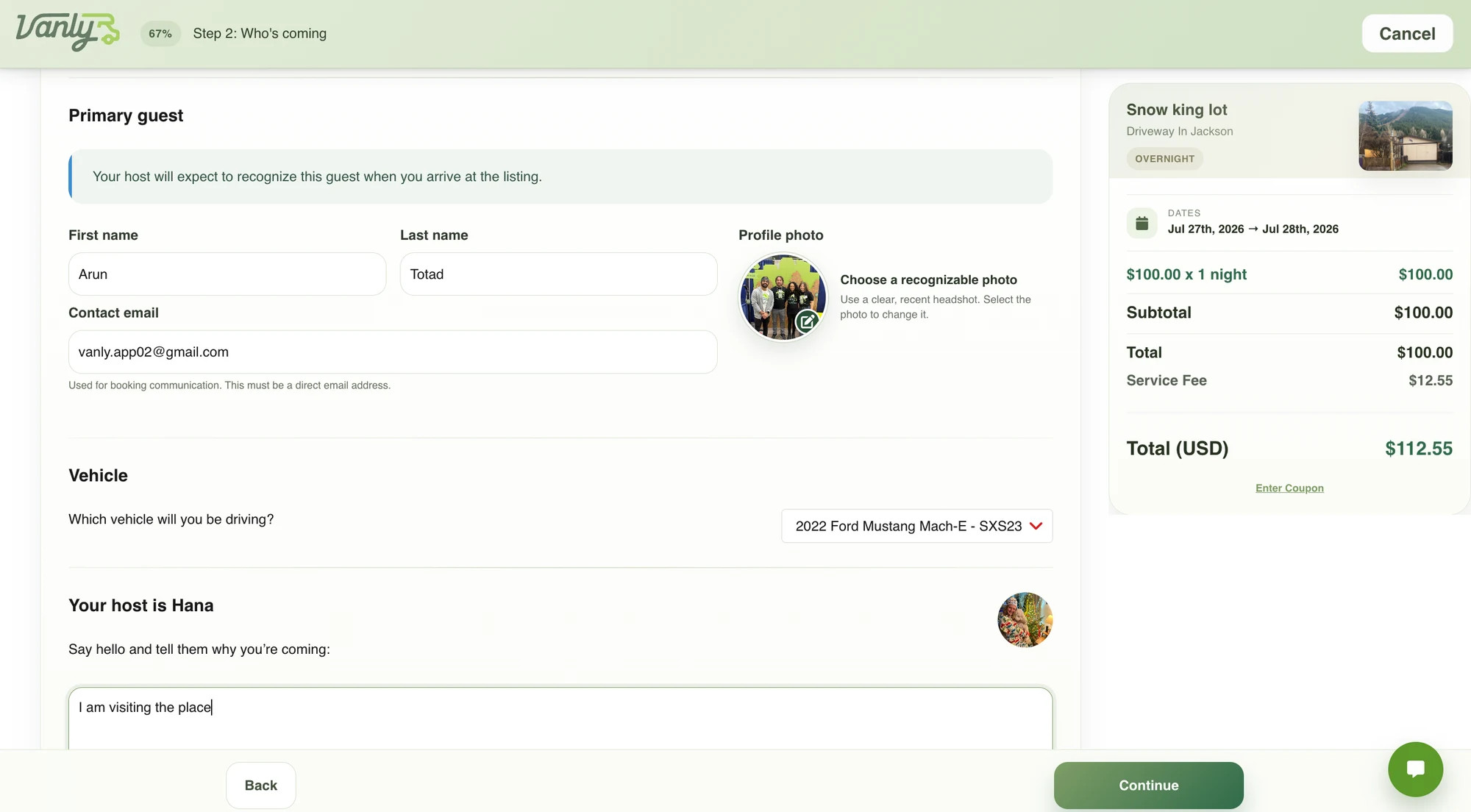 Vanly booking review page showing the selected stay dates and arrival schedule.
