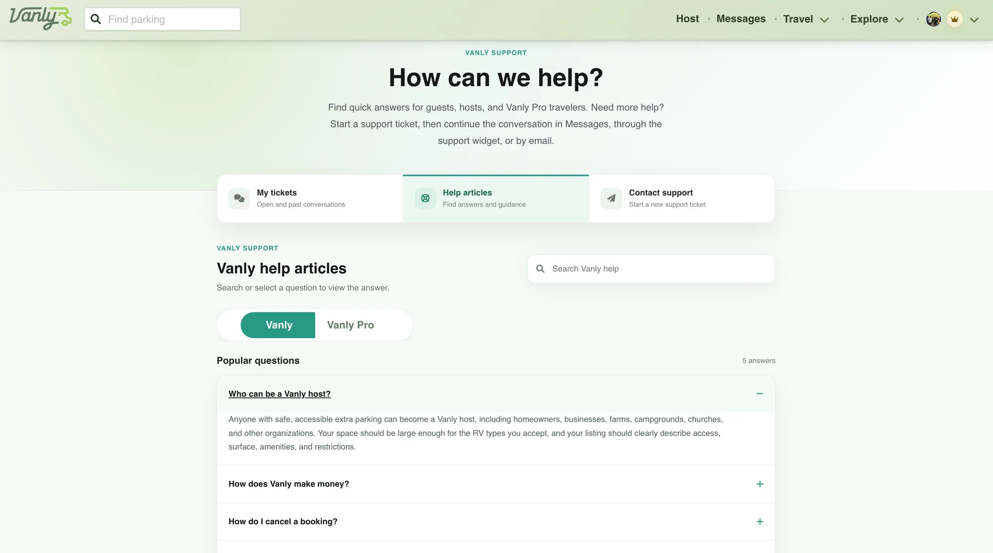 Vanly Help Center with searchable Vanly and Vanly Pro help articles.