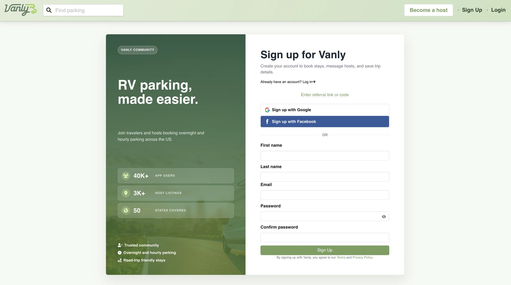Vanly signup page displaying account-provider and email-registration options.