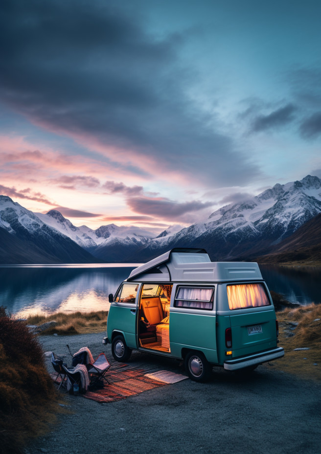 A cozy campervan nestled in a scenic spot with breathtaking mountain views