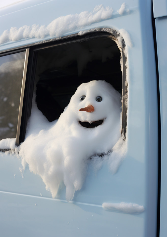 A snowman playfully peeking into a campervan