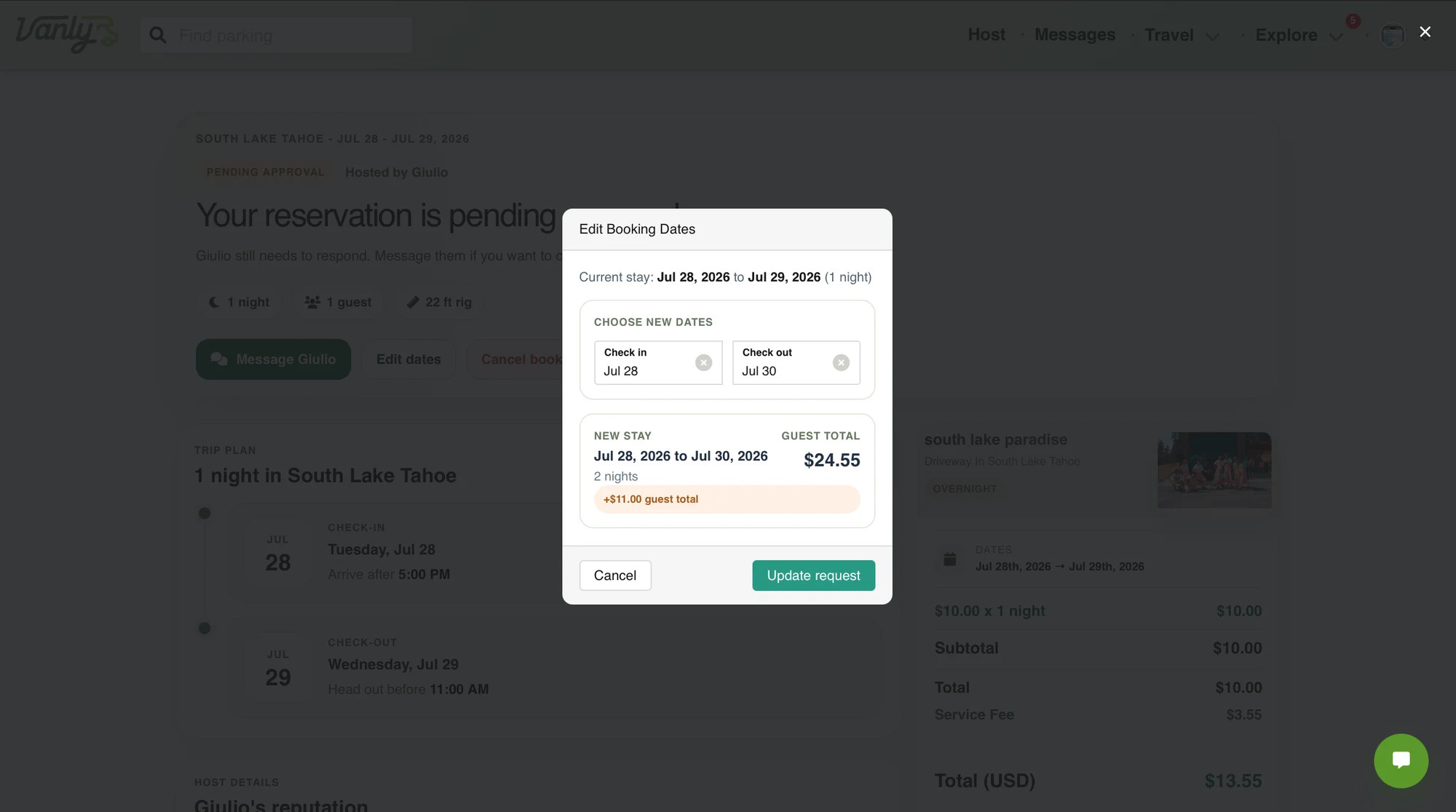 Use the available booking controls to change dates, cancel, or contact Vanly Support.