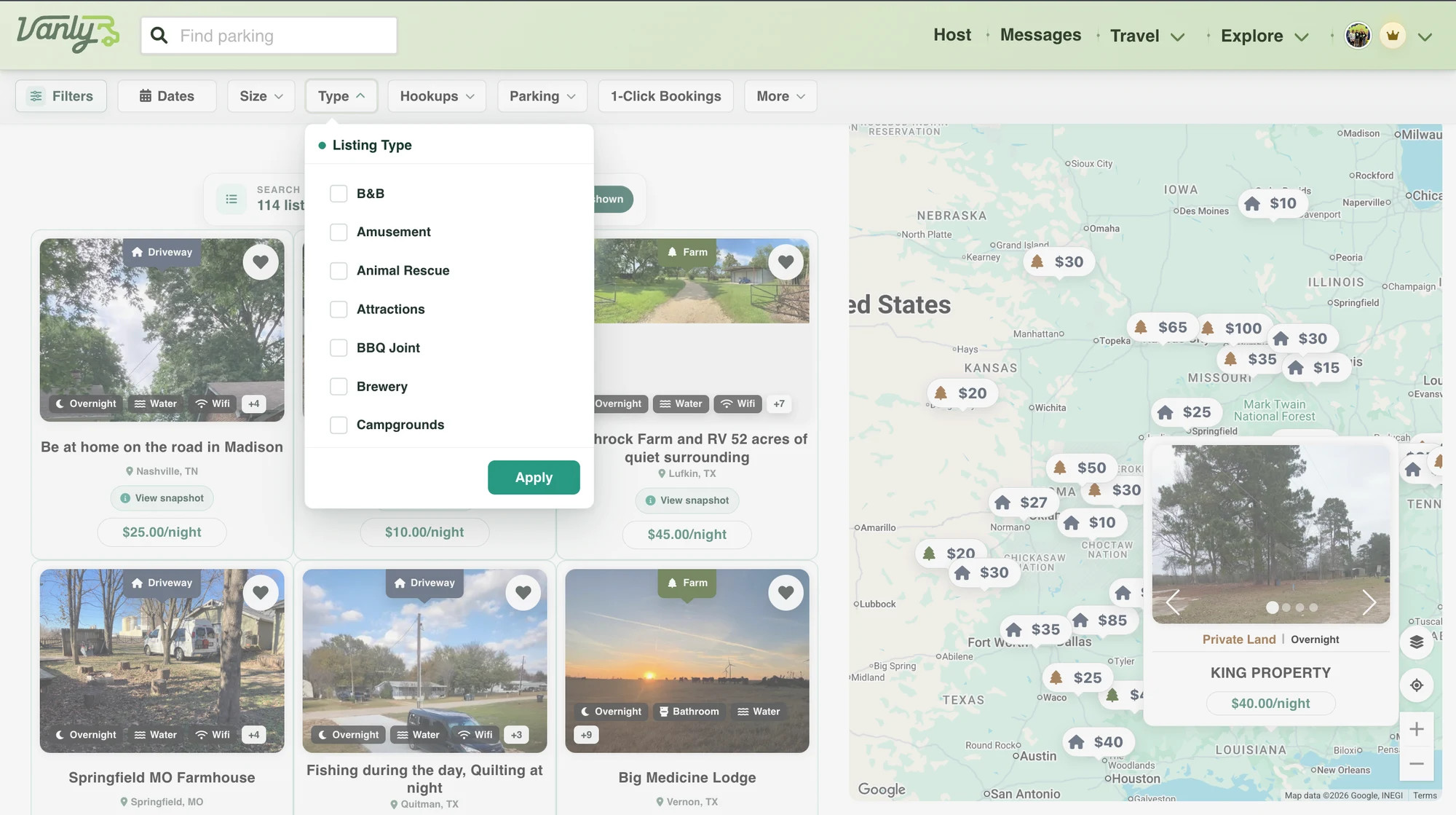 Use Vanly’s map and filters to narrow your parking options.