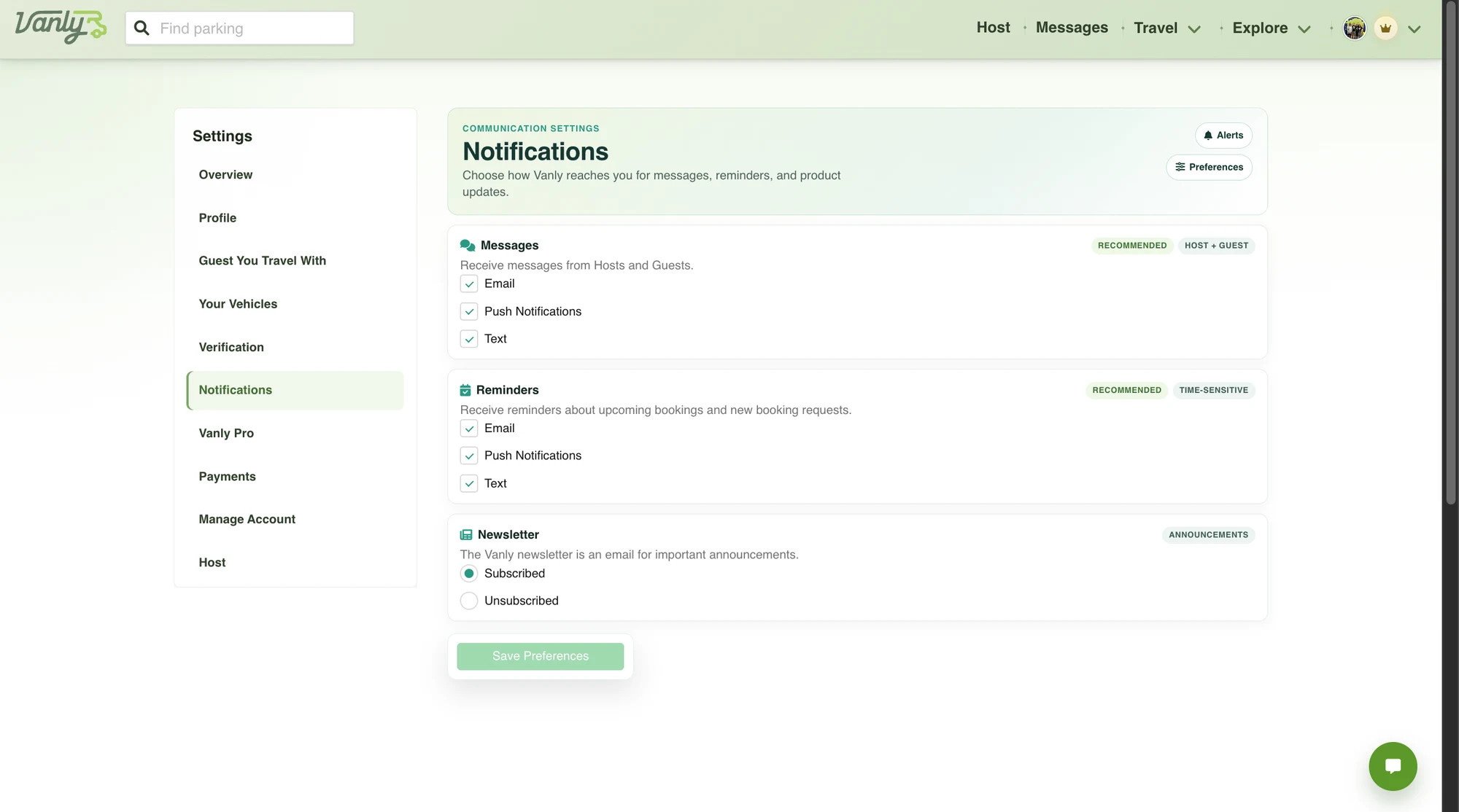 Vanly Notification Settings page showing message, reminder, and newsletter preferences.