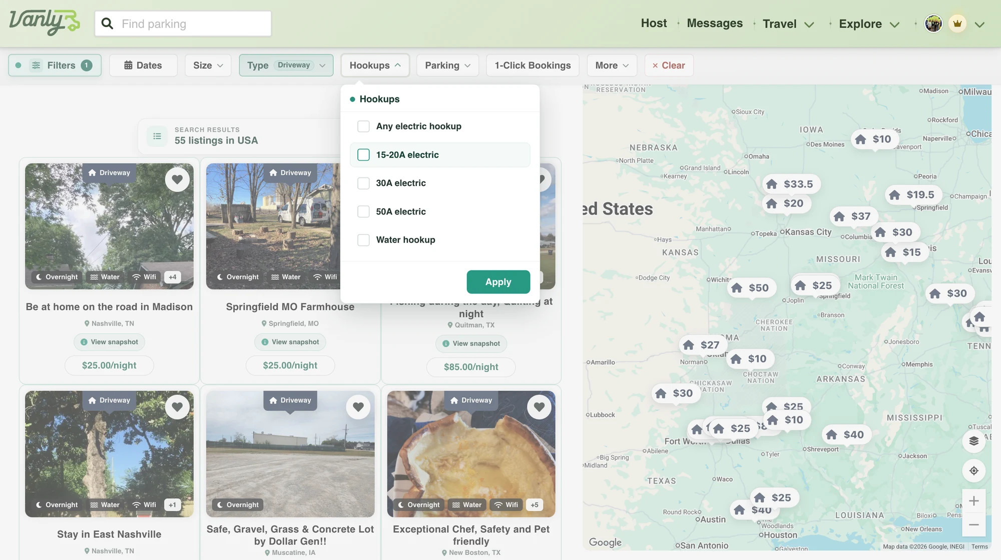 Use Vanly’s map and filters to narrow your parking options.