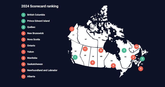 A map of Canada with the 2024 Canadian Energy Efficiency Scorecard results for each province.