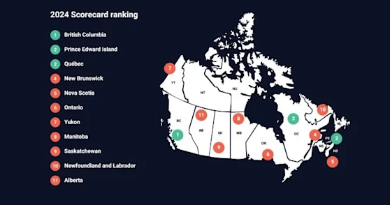 A map of Canada with the 2024 Canadian Energy Efficiency Scorecard results for each province.