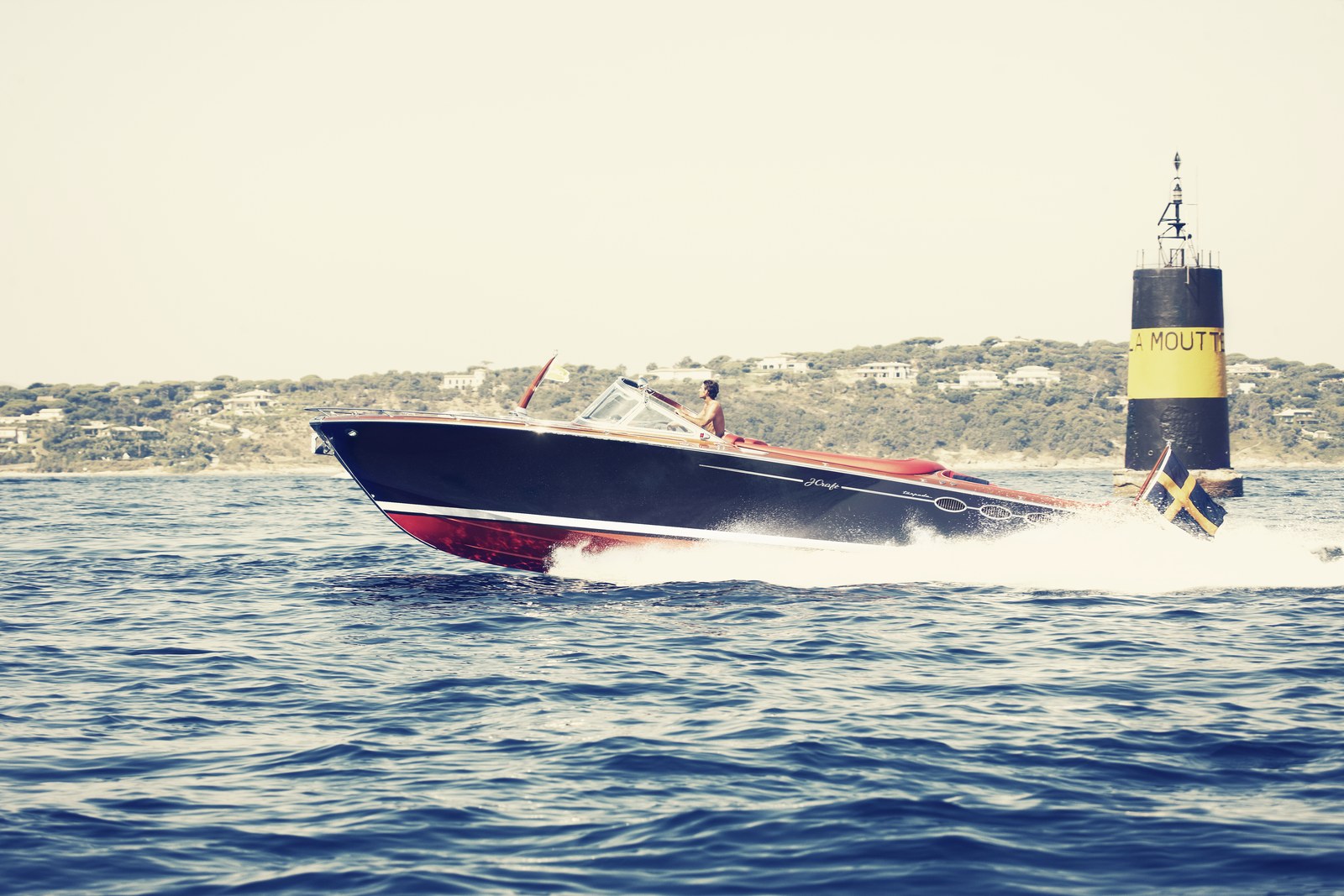 A J Craft Torpedo running past La Moutte, a navigation marker in the Bay of St Tropez.