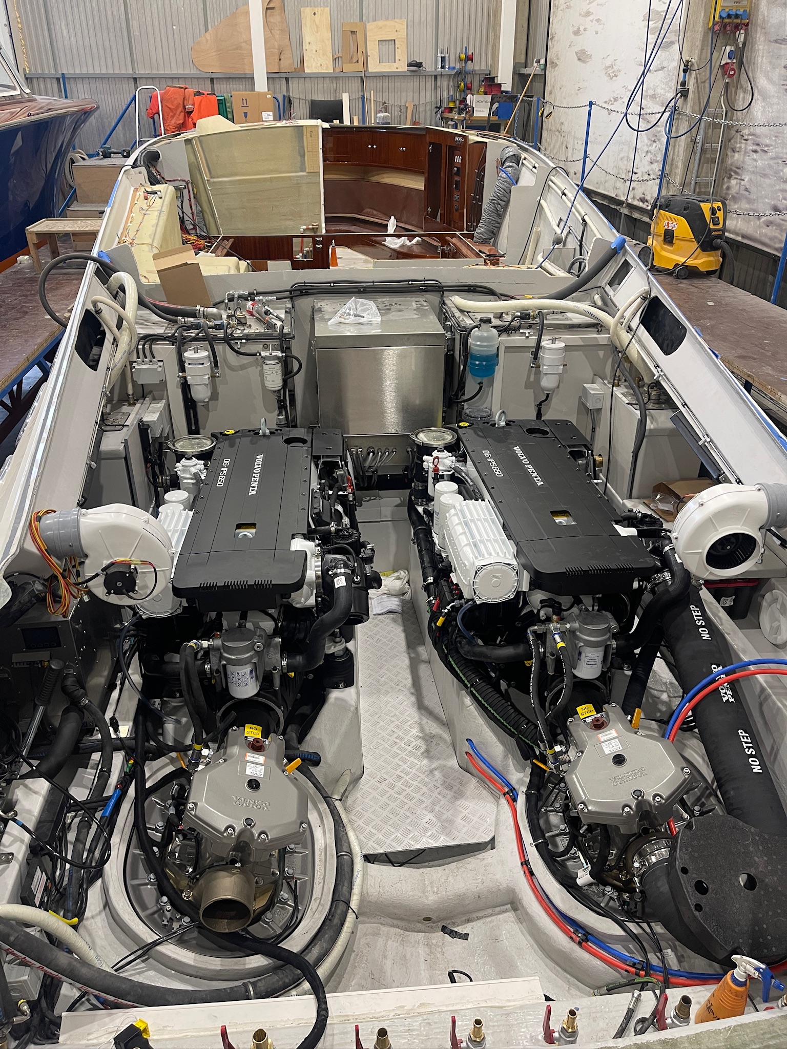 Twin Volvo Penta D6-IPS650 diesel engines installed in J Craft Torpedo during construction at Gotland shipyard