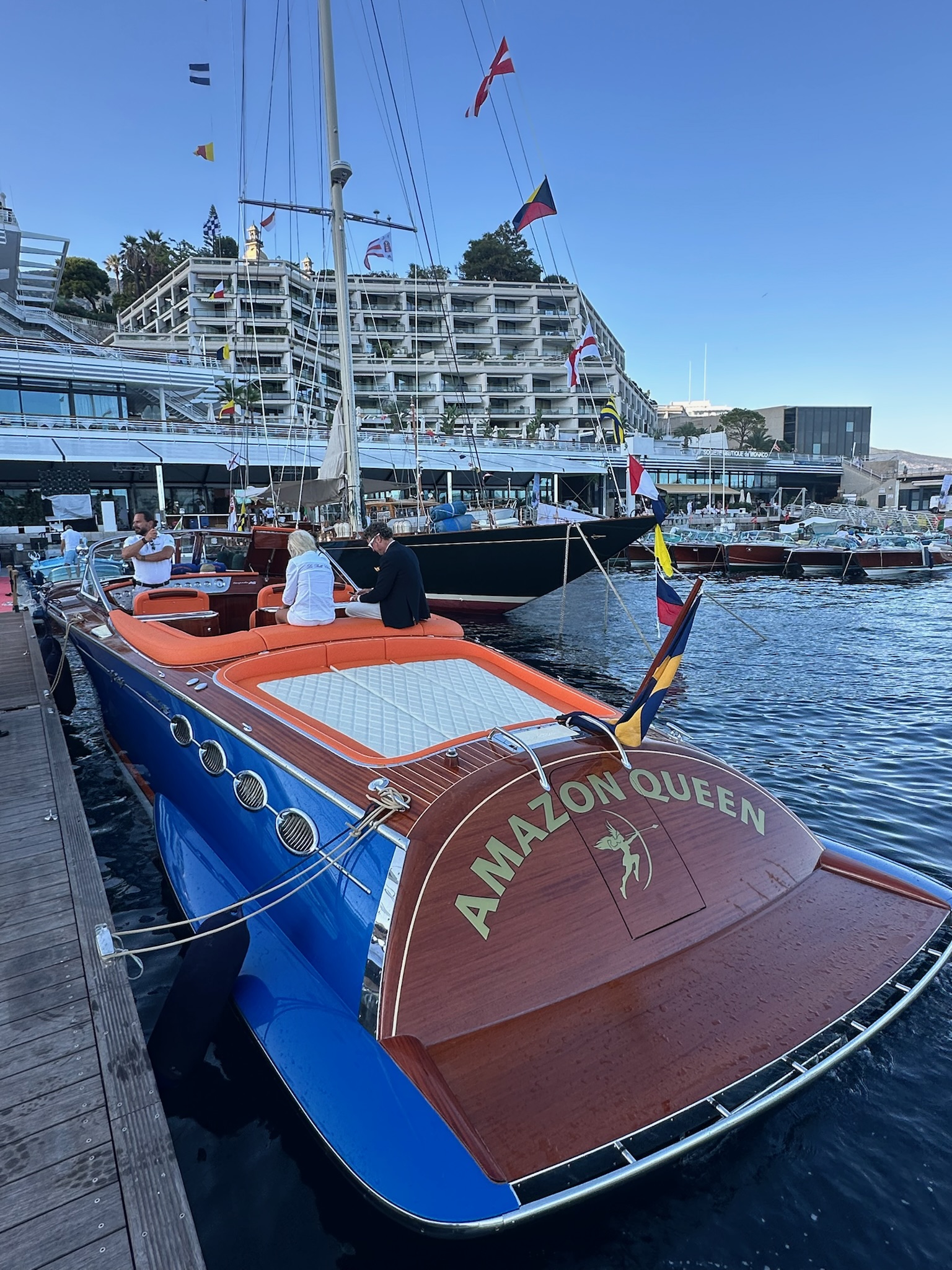 Amazon Queen at the Monaco Yacht Club during Monaco Classic Week.