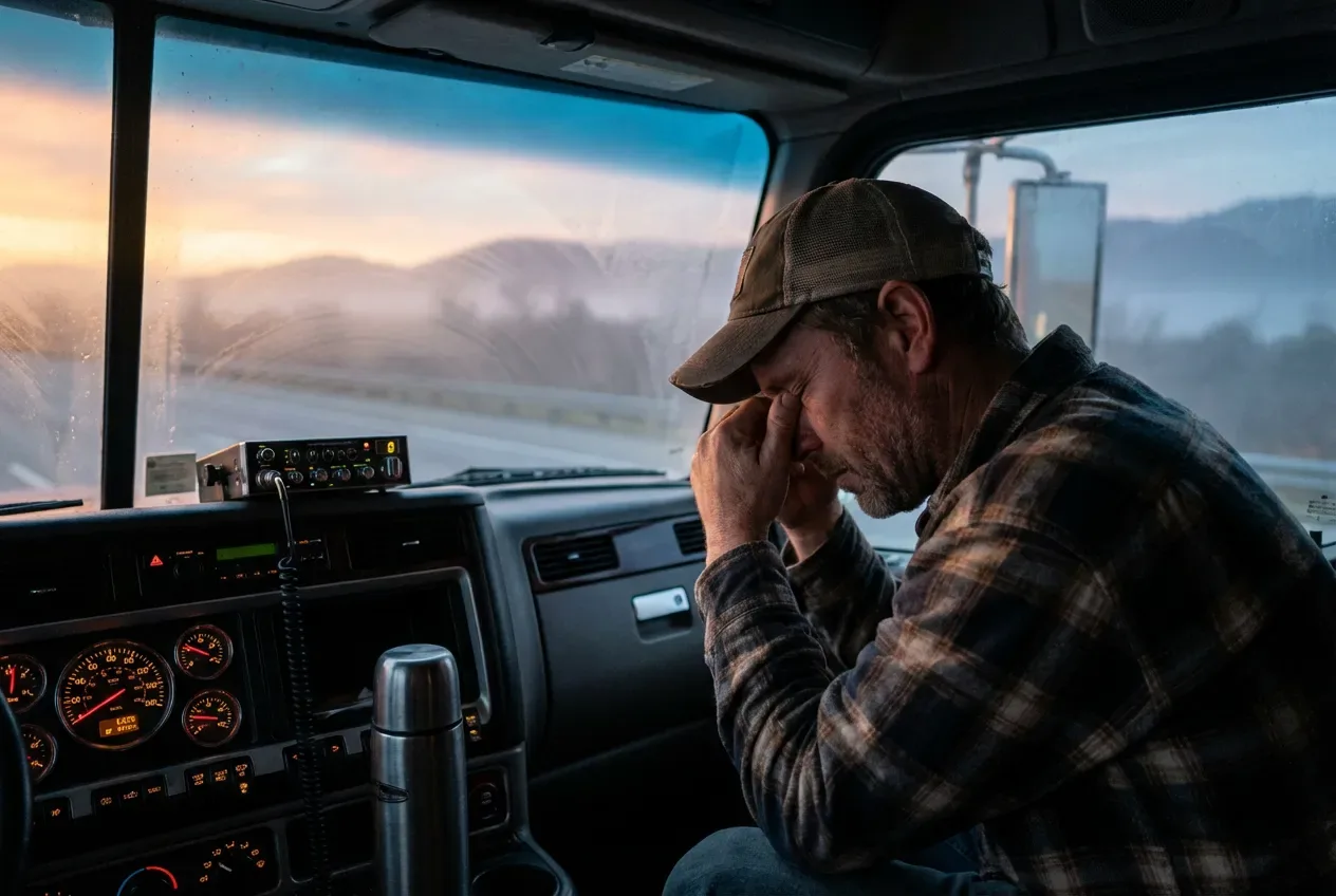 Truck driver sitting in the cab, holding his head in distress at sunrise