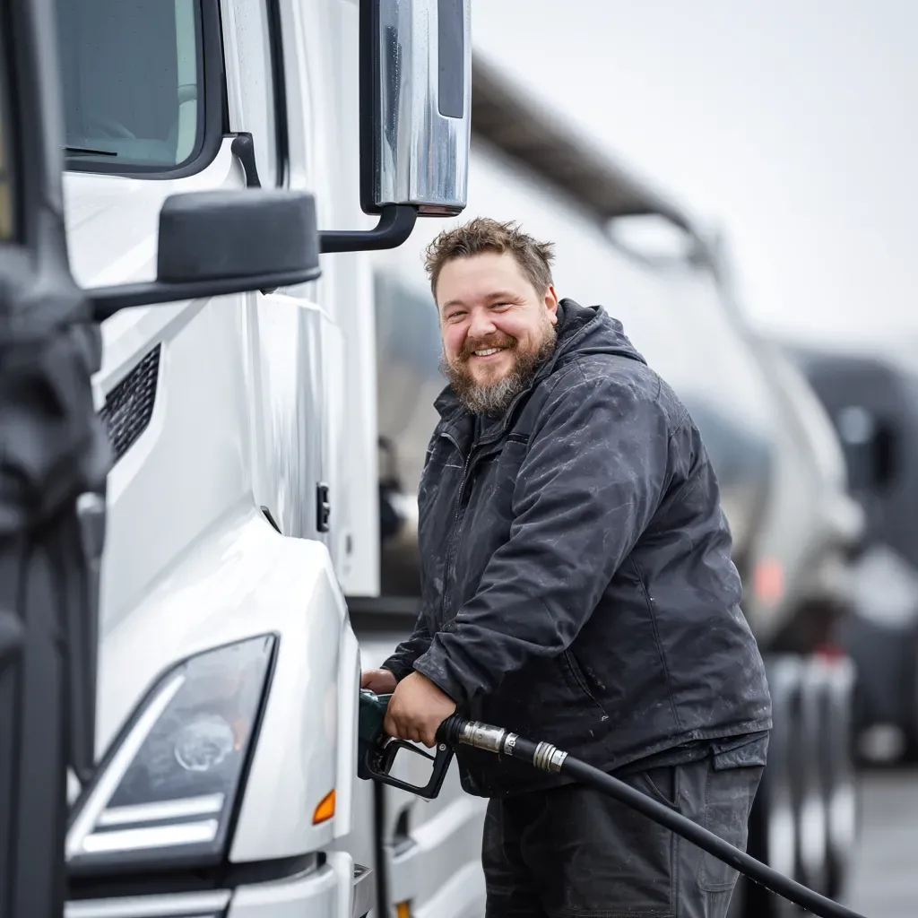 Smiling man fueling a large truck at a gas station