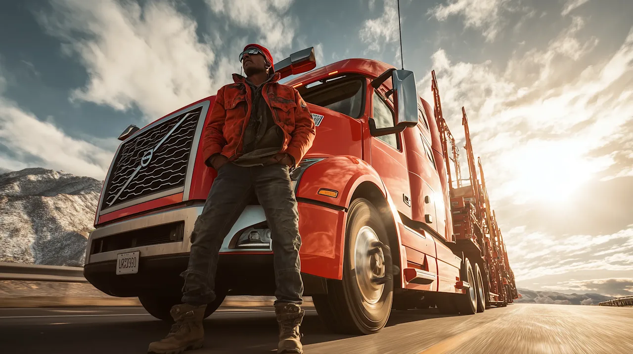 A man in an orange jacket stands next to a red truck on a highway