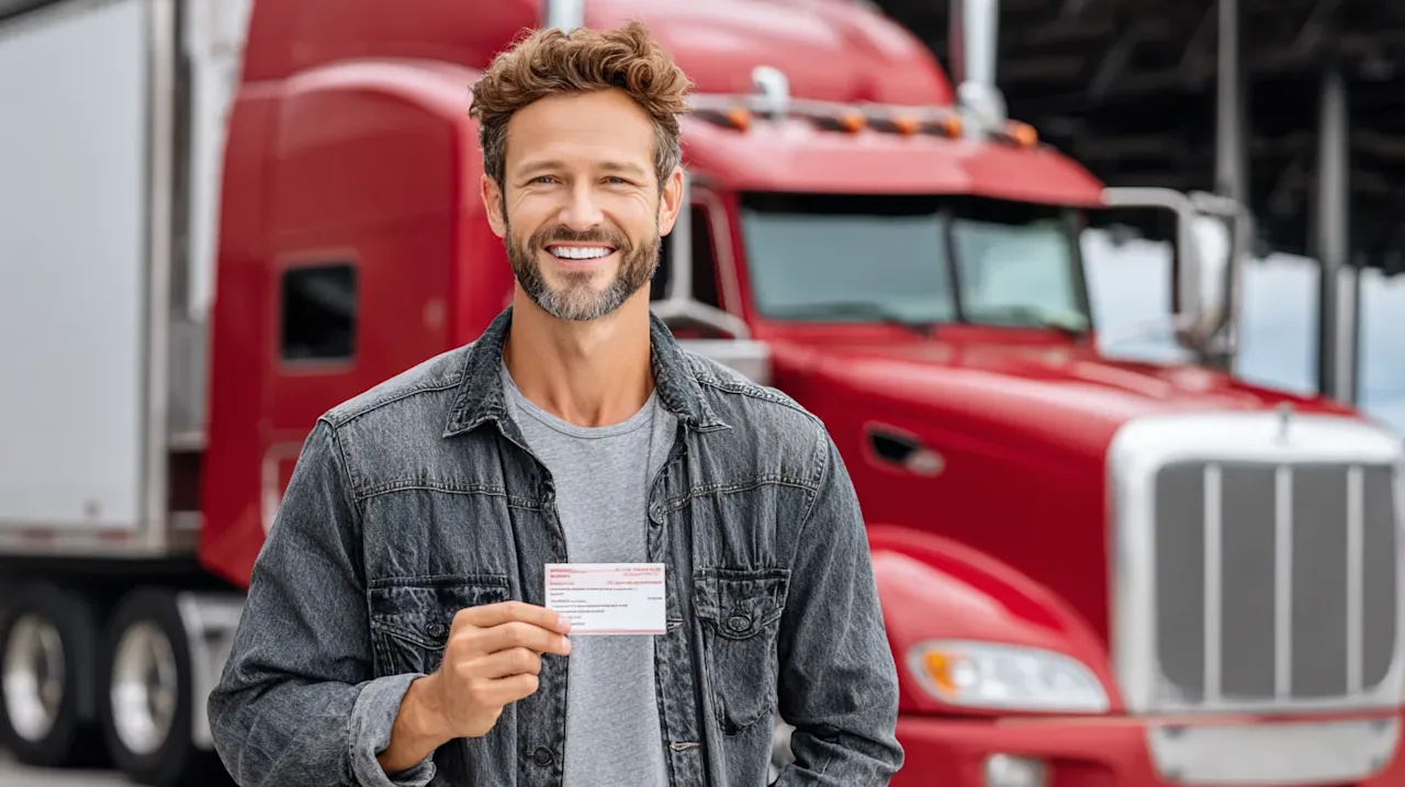 Man holding a card in front of a red truck
