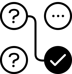 Circles with question mark. One circle is connected with circle who contain check mark