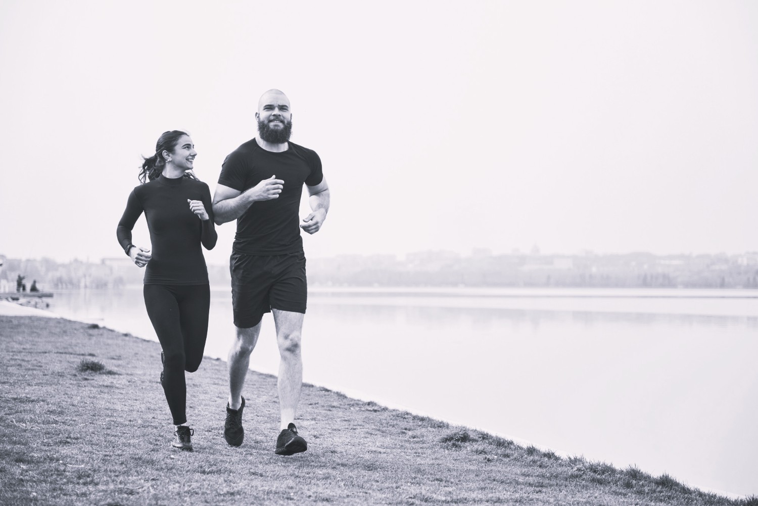 a man and a woman running