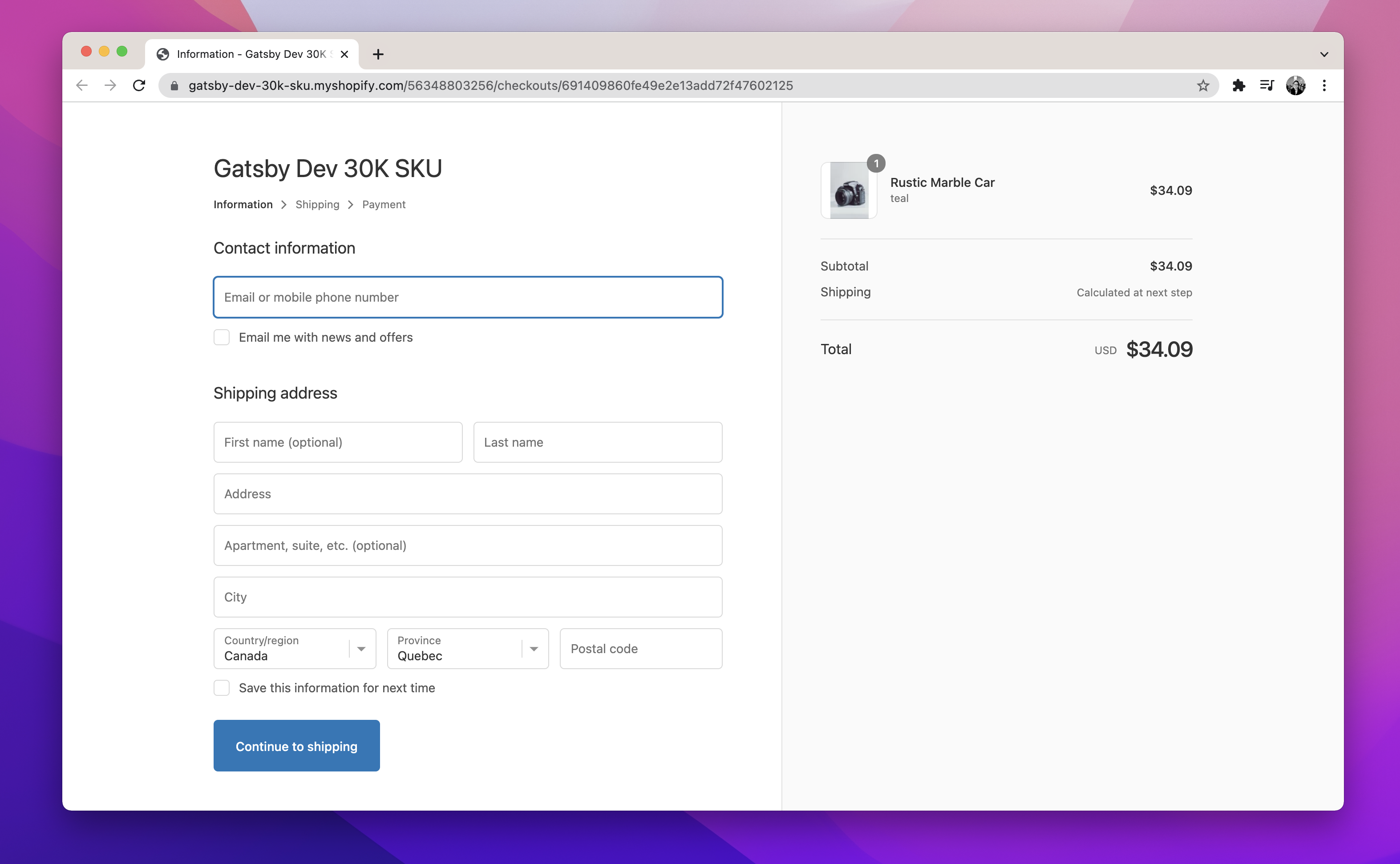 Shopify Checkout page