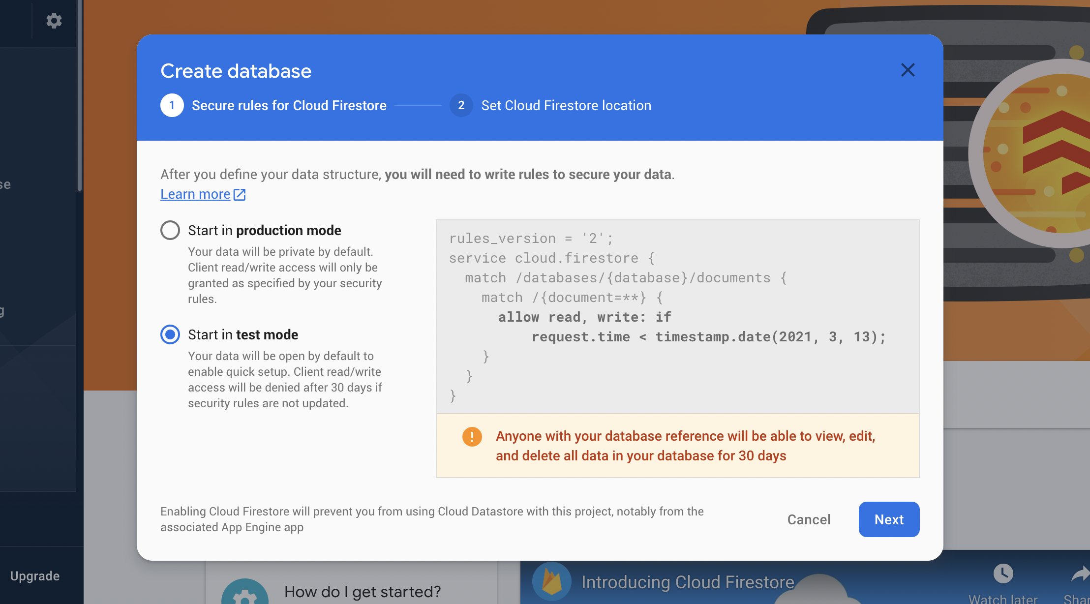 Cloud Firestore Create Database Mode