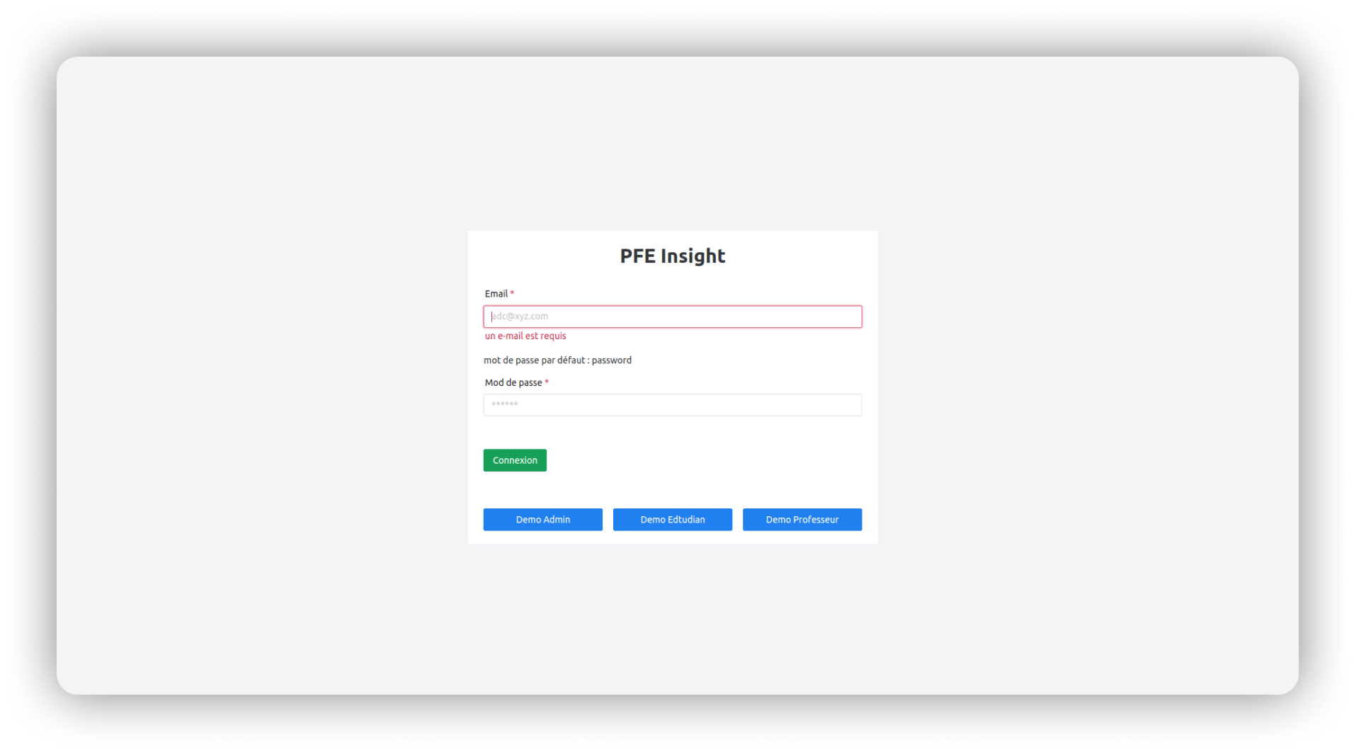 PFEInsight - Login screen