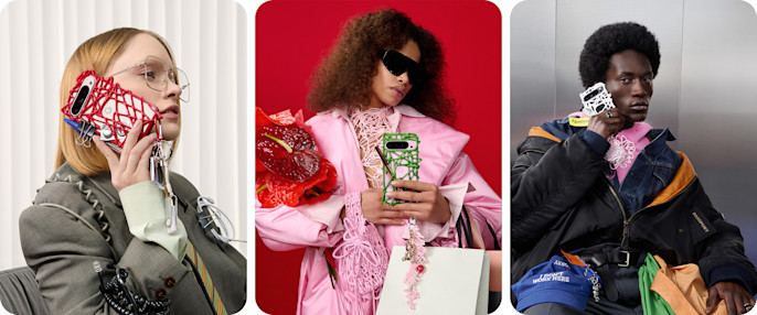 Ein Pixel Smartphone und eine Pixel Schutzhülle mit Stickern auf einem Tisch.