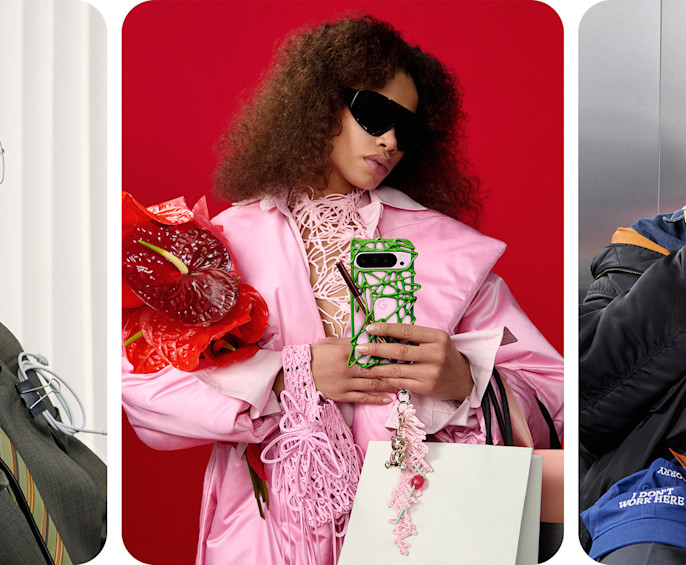 Ein Pixel Smartphone und eine Pixel Schutzhülle mit Stickern auf einem Tisch.