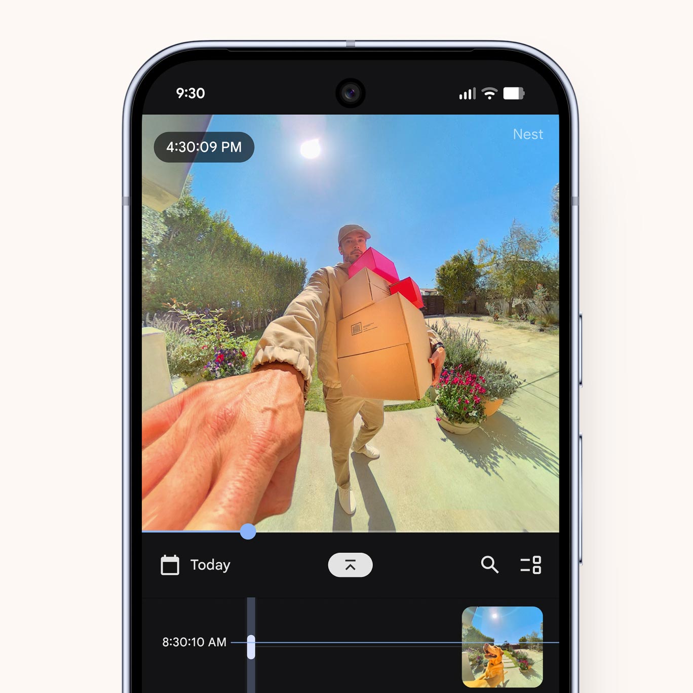 A smartphone screen displays footage from a Nest video doorbell within an app. The wide-angle video shows a delivery person walking towards the door carrying a stack of packages, with a red bow on the top box. Below the video, a timeline shows other recorded events from the day.