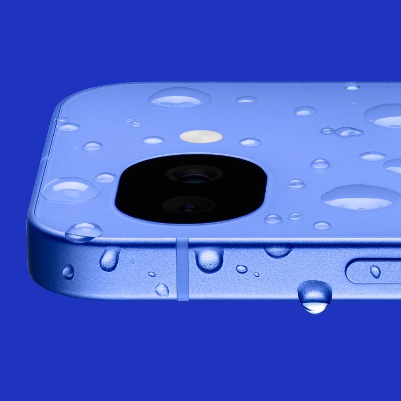 An extreme close-up of the top corner of the Lavender Pixel 10a, showcasing its water resistance. Clear water droplets are beaded across the matte surface and the flush pill-shaped camera module. The image emphasizes the device's durable build and flat-edge industrial design.