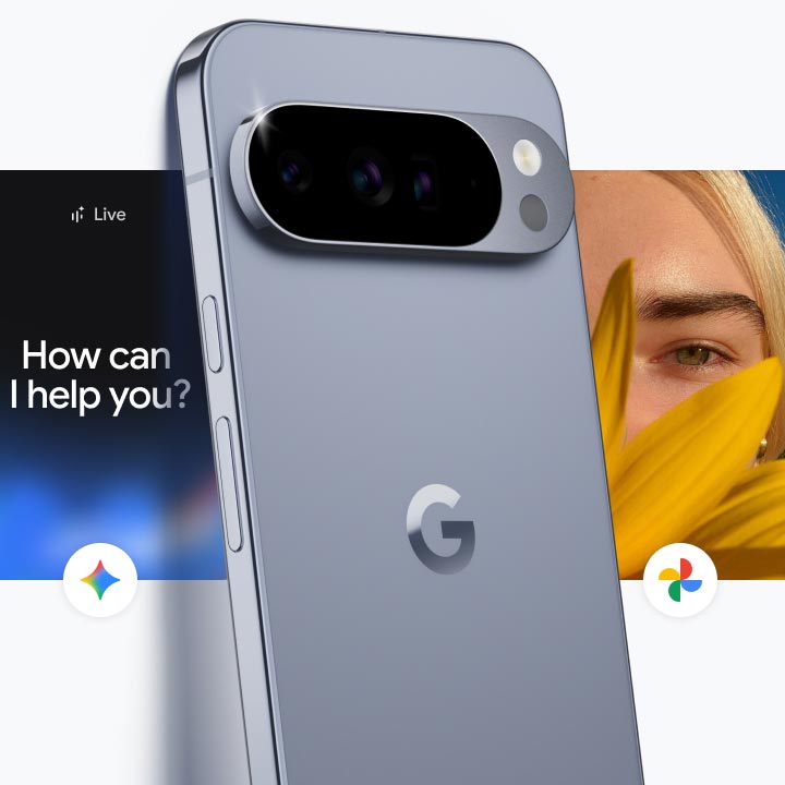 A light blue Google Pixel phone is shown at an angle, surrounded by floating tiles representing Google apps. From left to right, the tiles show a Google Maps route, the Google Assistant interface asking "How can I help you?", a photo of a woman's face partially hidden by a yellow sunflower, and a Google Calendar entry for "Google's Birthday" on September 27.