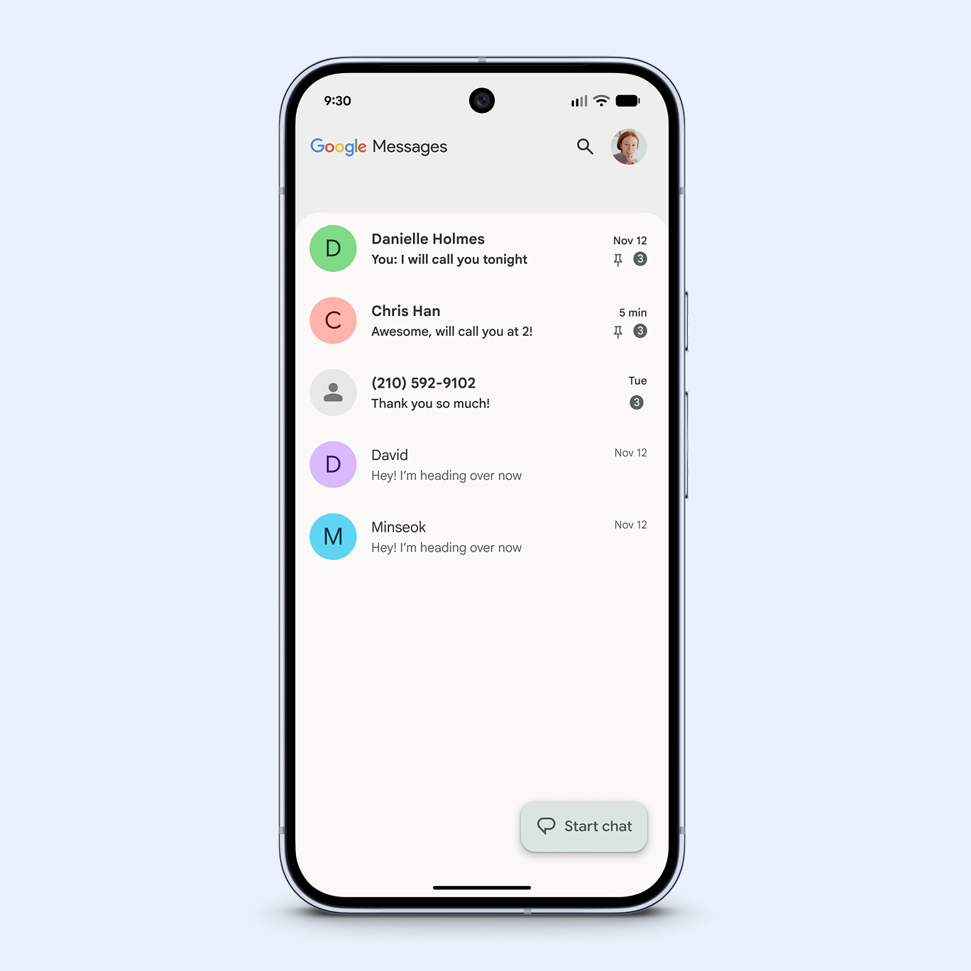 A screenshot of the Google Messages app inbox. Two conversations at the top, from "Danielle Holmes" and "Chris Han," are pinned with an icon. Below them is a list of other message threads from various contacts and phone numbers. A "Start chat" button floats in the bottom right corner.
