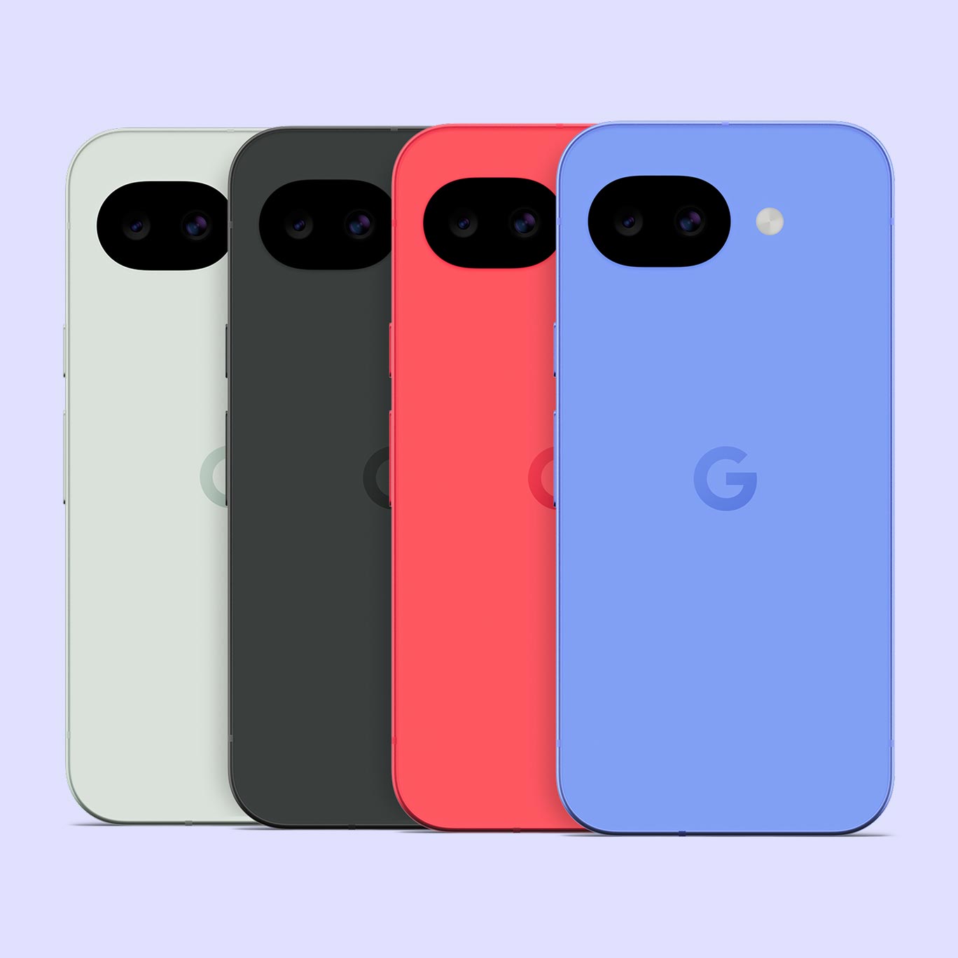 The Pixel 10a phone in four colors, shown side by side: Fog, Obsidian, Berry, Lavender