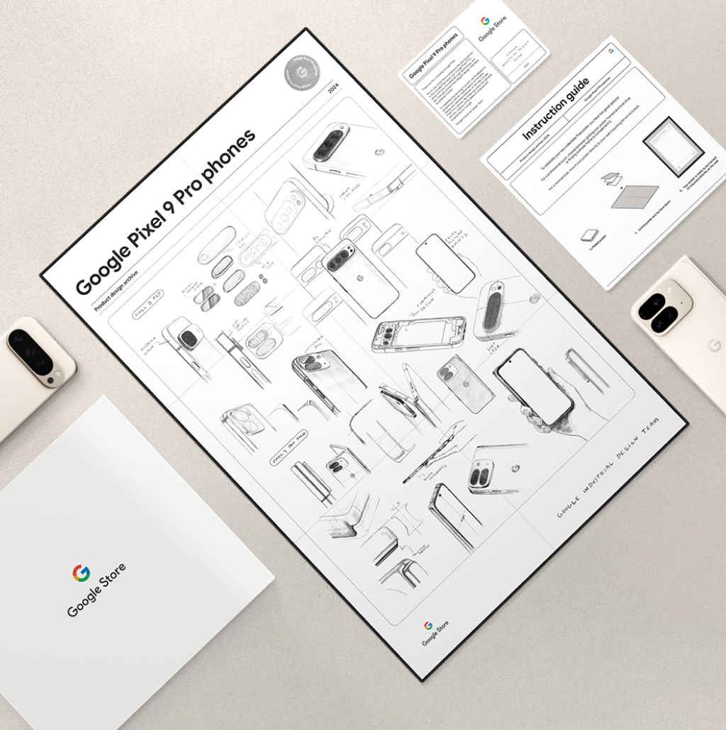 Flatlay shot of the Pixel 9 Pro phone collectible poster with handwritten notes from the Google Industrial Design team as part of a gift with purchase of a Pixel 9 Pro phone for a limited time till 25 August. While stocks last.