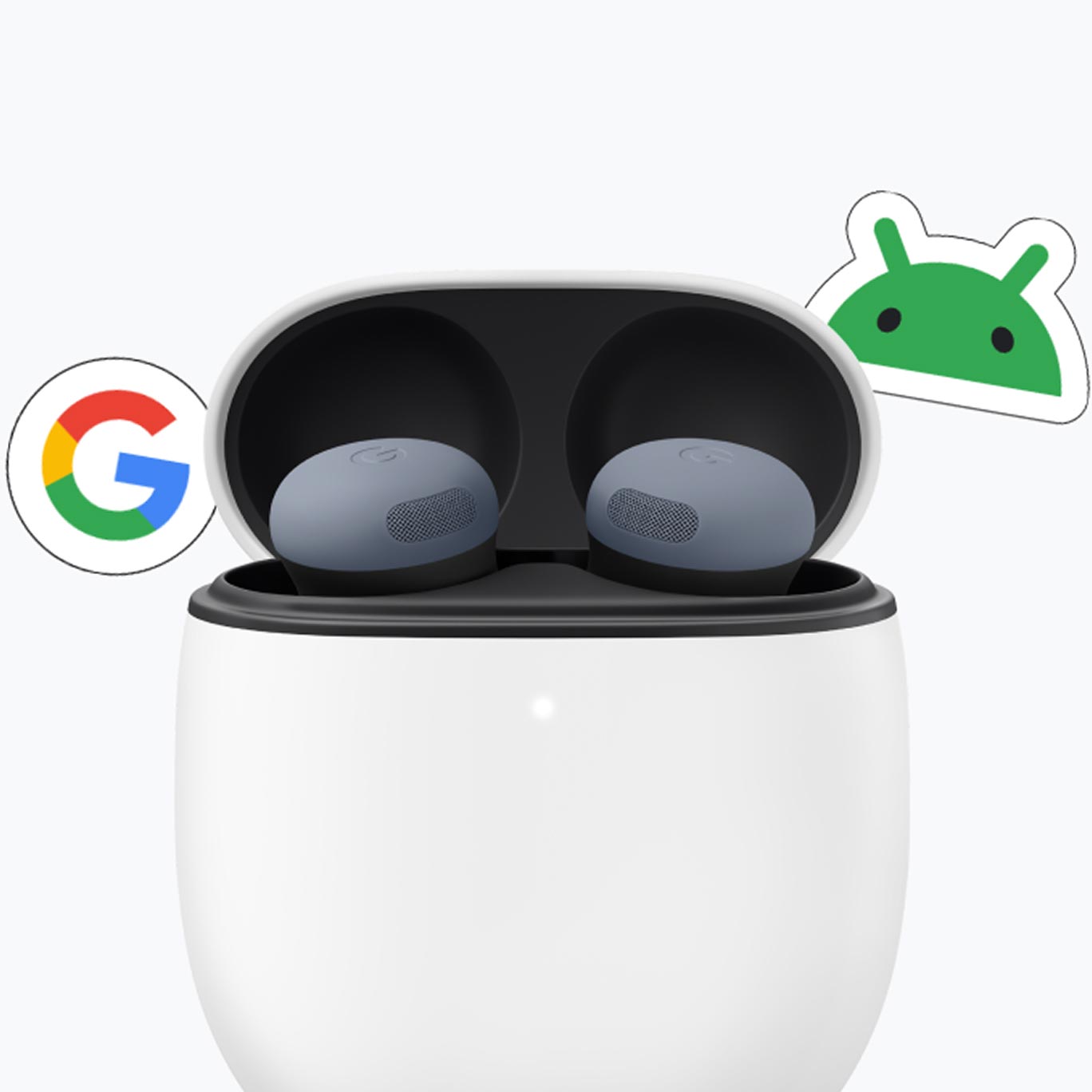 A pair of Google Pixel Buds in their open white charging case. A Google 'G' logo sticker is on the left, and a green Android robot logo sticker is on the right.