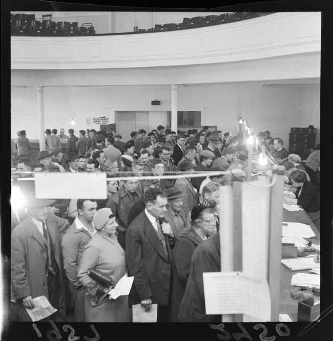 Vintage indoor photo of a messy queue