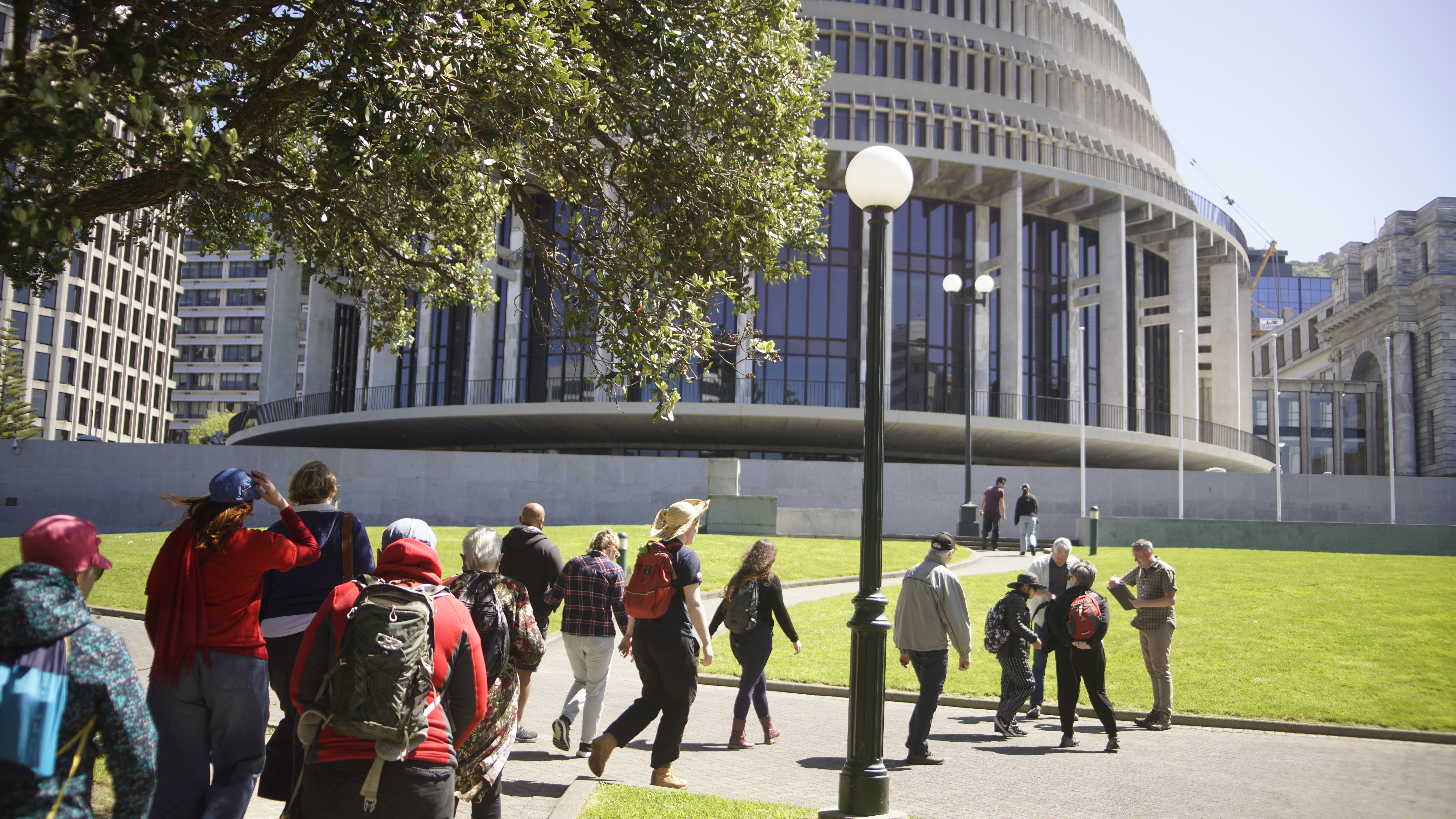 Gathering outside parliament, as part of the ‘A Change is Coming’ walk tour in Wellington Heritage Festival 2025.
