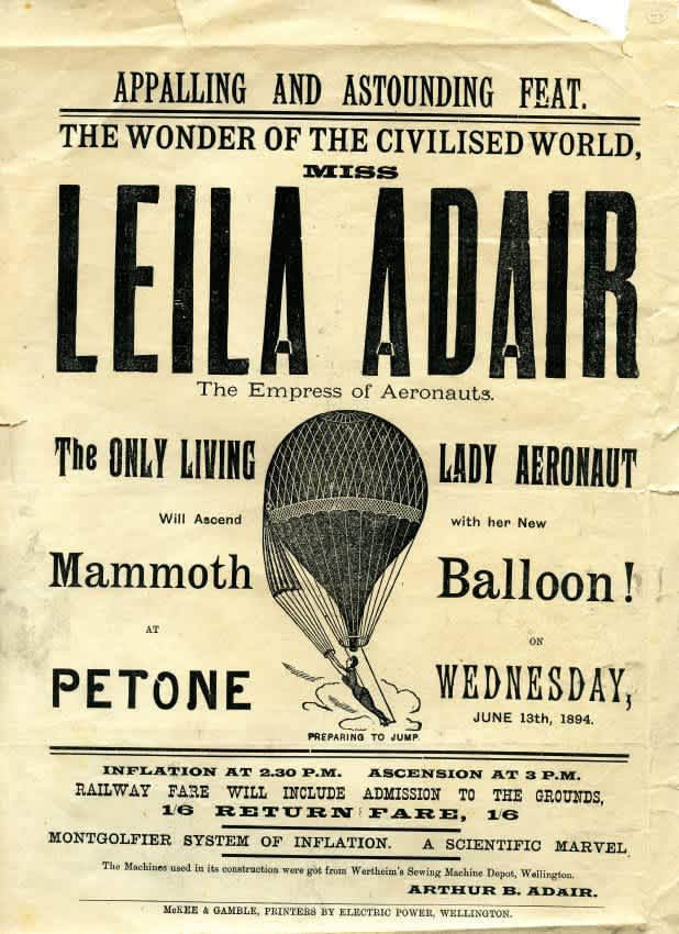 Poster for Leila Adair, lifting herself via balloon