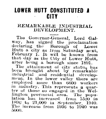 Article titled "Lower Hutt constituted a city"