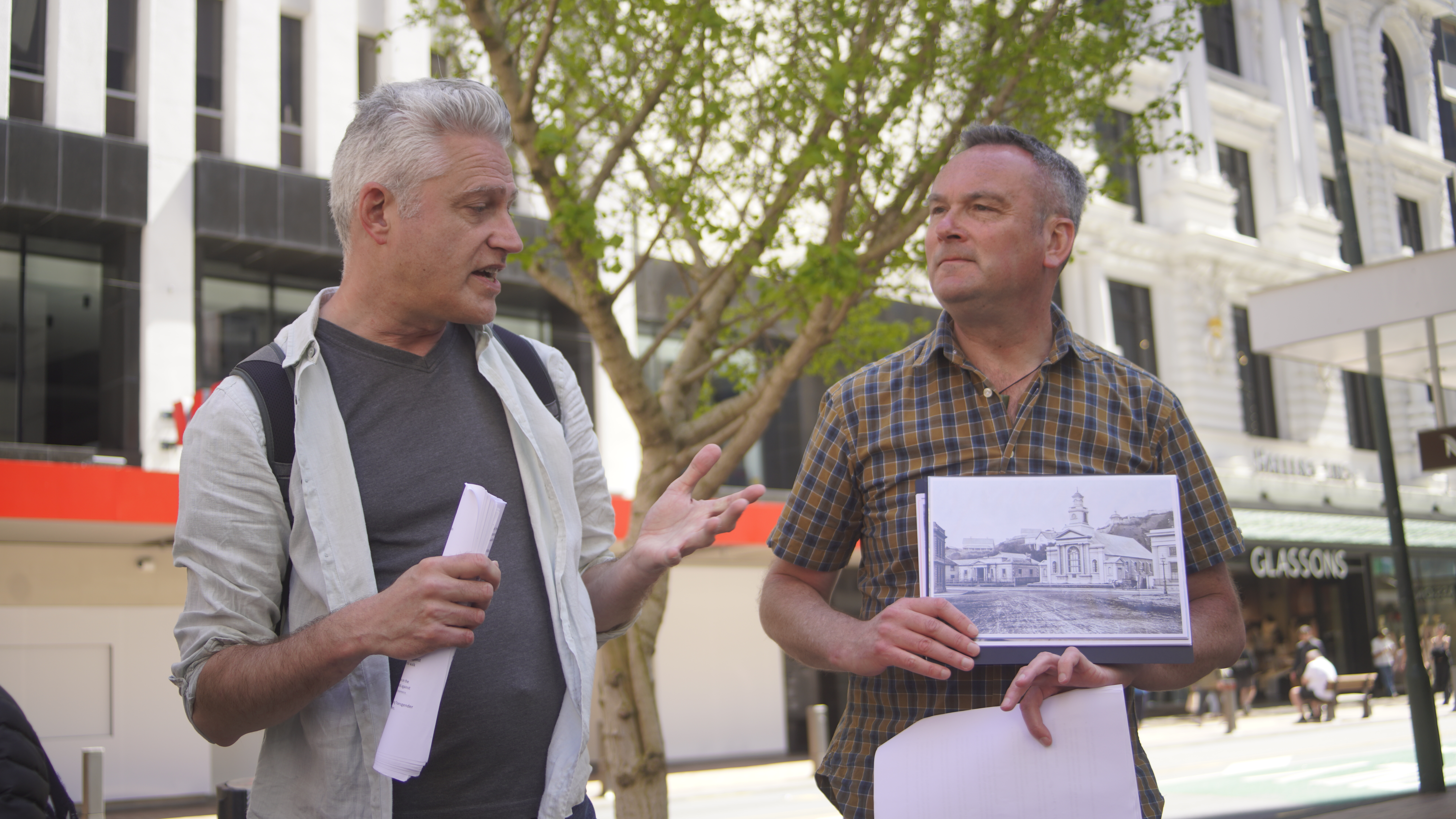 Flip books in action, as part of the ‘A Change is Coming’ walk tour in Wellington Heritage Festival 2025.