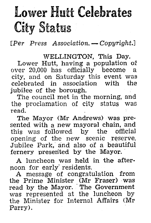 Article titled "Lower Hutt Celebrates City Status"