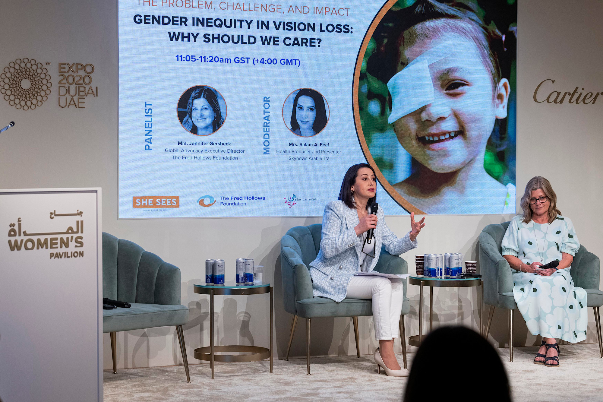 Jennifer Gersbeck (R), Global Advocacy Executive Director, The Fred Hollows Foundation and Salam Al Feel (L), Health Producer and Presenter Skynews Arabia TV during the Outlier Series She Sees - Equal Right to Sight at Women-s Pavilion m588