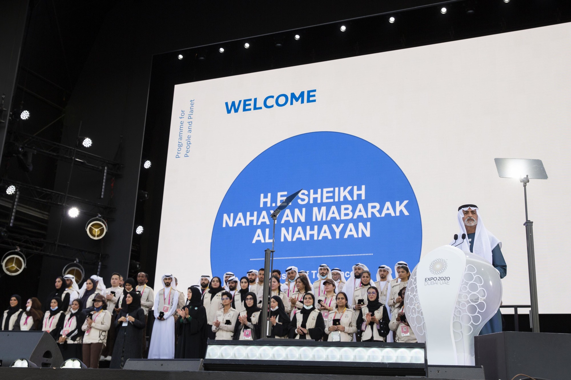 His Excellency Sheikh Nahayan Mabarak Al Nahayan, UAE Minister of Tolerance and Coexistence Commissioner General of Expo 2020 Dubai speaks during International Volunteers Day - Flagship Public event at Jubilee Stage m17417