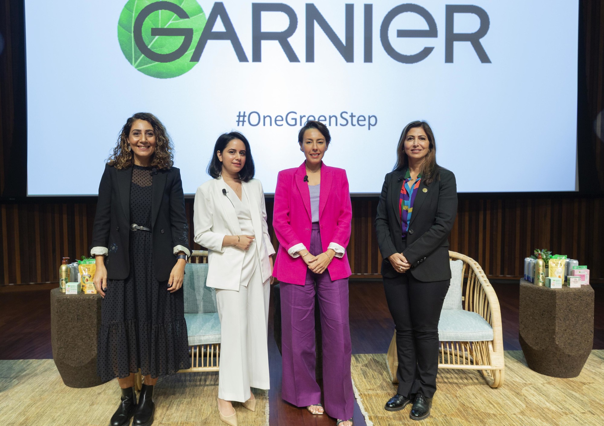 A group photo with Dina Story (R1), Director of Sustainability Operations at Expo 2020 Dubai, Mariam Farag, Brand Humanity (L1), media & communications strategist, CEO & Founder of Humanizing Brands, Najia Qazi (L2), Sustainability advocte a
