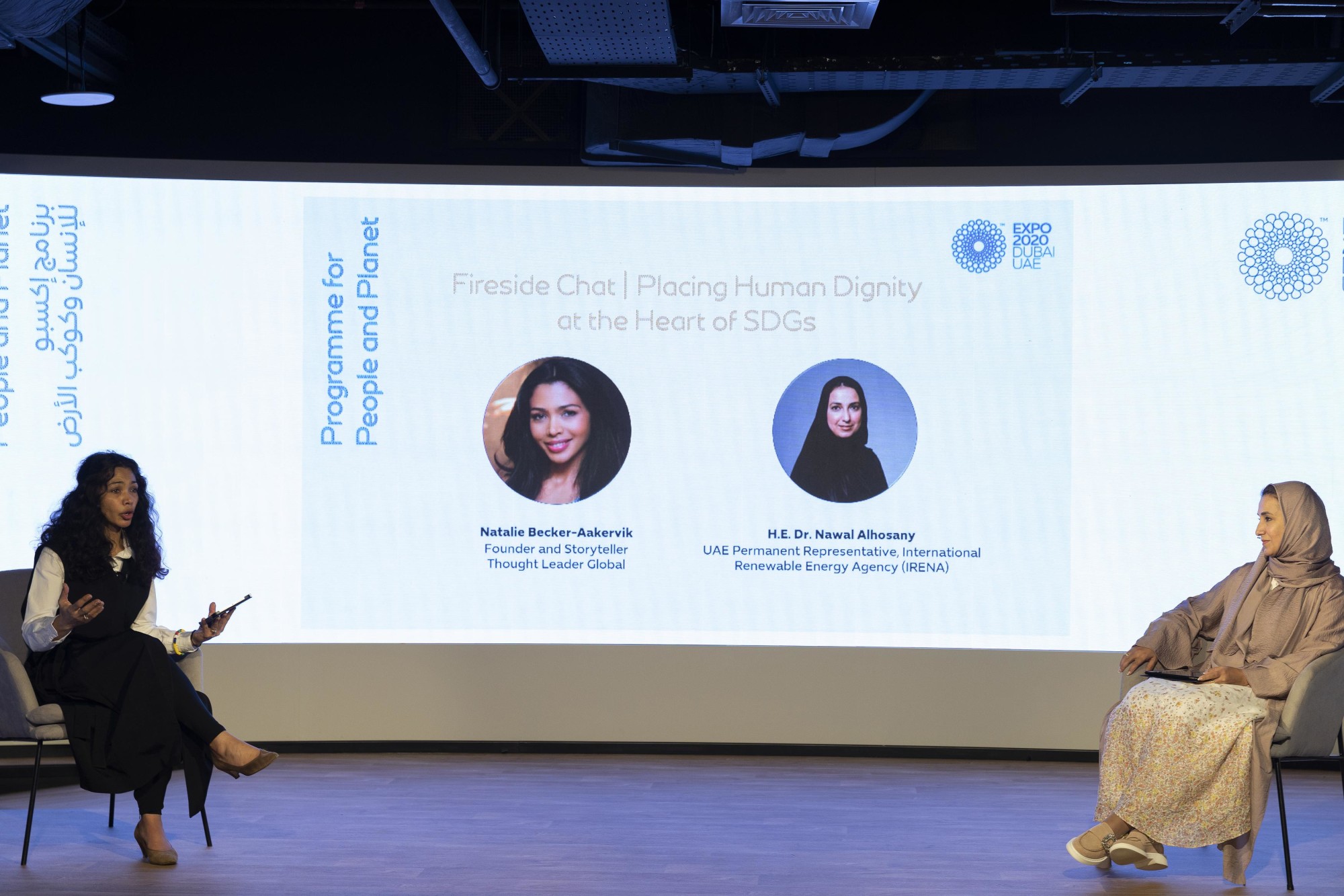Her Excellency Dr Nawal Al-Hosany (R), Permanent Representative of the UAE to the International Renewable Energy Agency (IRENA) and Natalie Becker-Aakervik (L), Founder, Storyteller, Thought Leader Global and moderator during the Water-Food