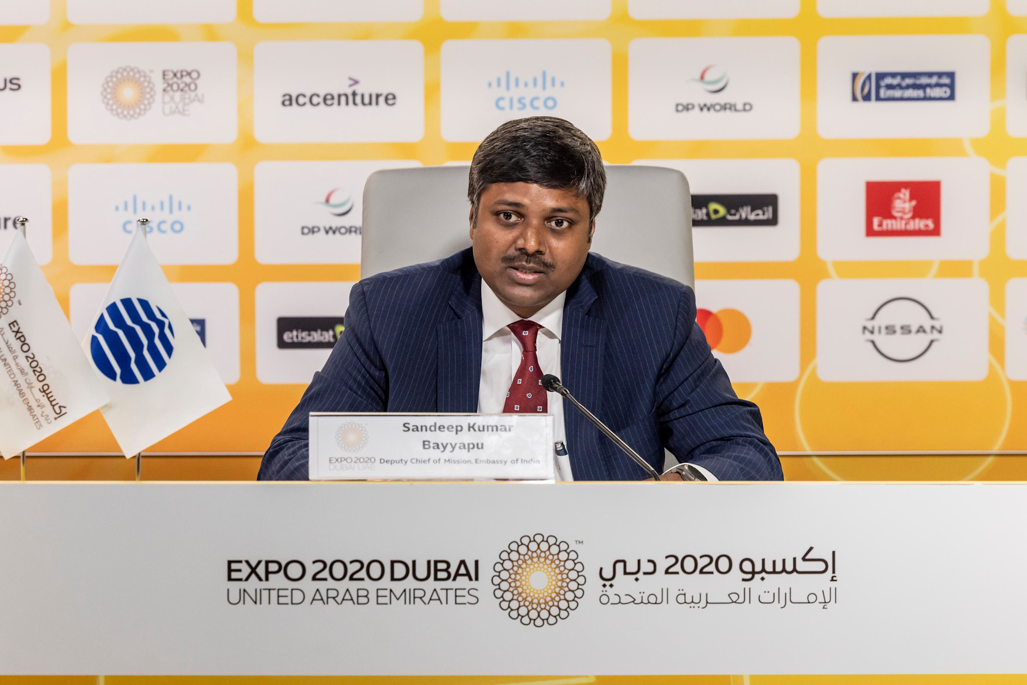 Sandeep Kumar Bayyapu, Deputy Chief of Missions at the Embassy of India in the UAE, speaks during a G42 Press Conference to announce Bayanat’s sponsorship of Commander Abhilash Tomy’s entry into the 2022 Golden Globe Race m67062