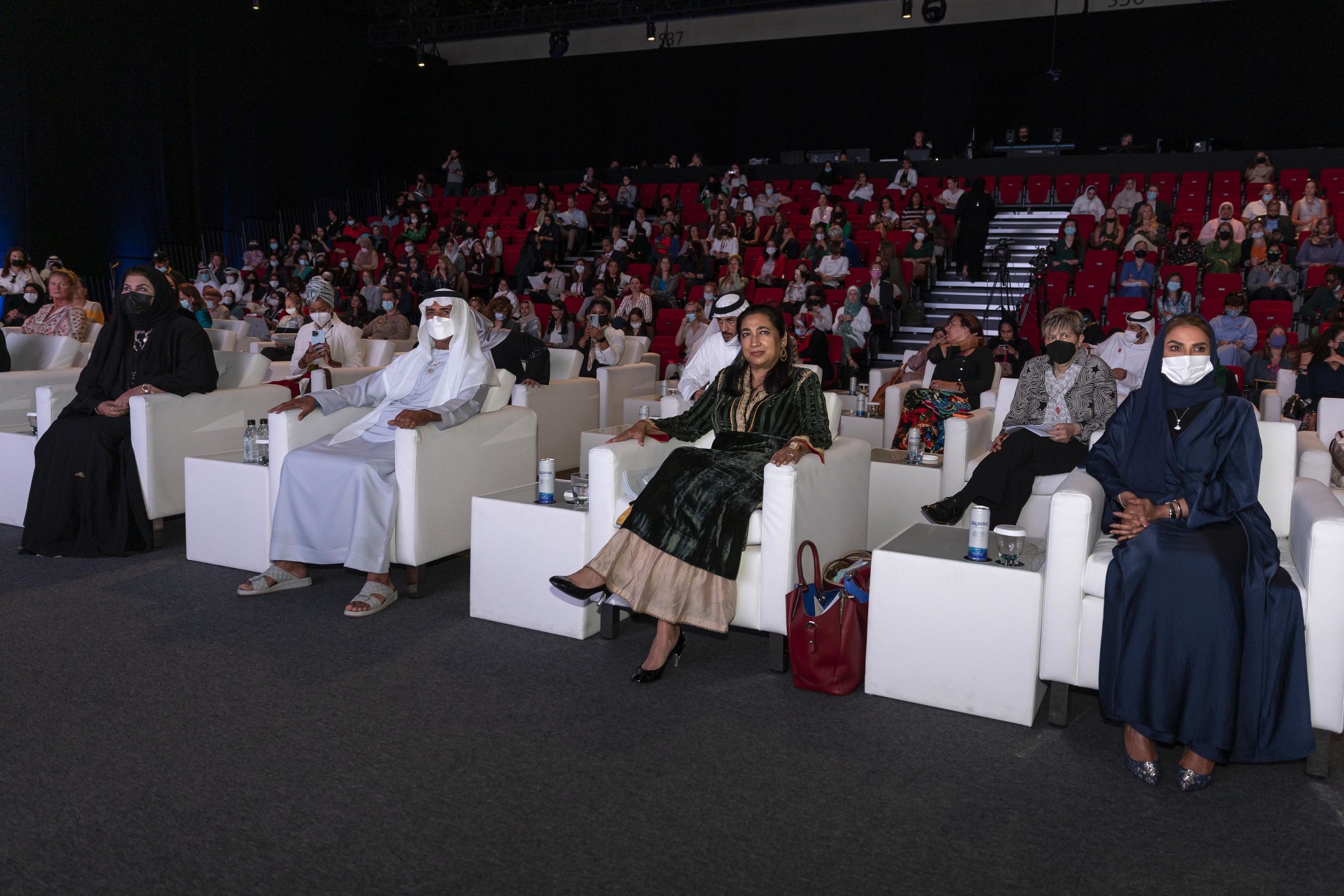 His Excellency Sheikh Nahayan Mabarak Al Nahayan (L2), UAE Minister of Tolerance and Coexistence Commissioner General of Expo 2020 Dubai and Anita Bhatiam (R2), Assistant Secretary General of the United Nations and Deputy Executive Director