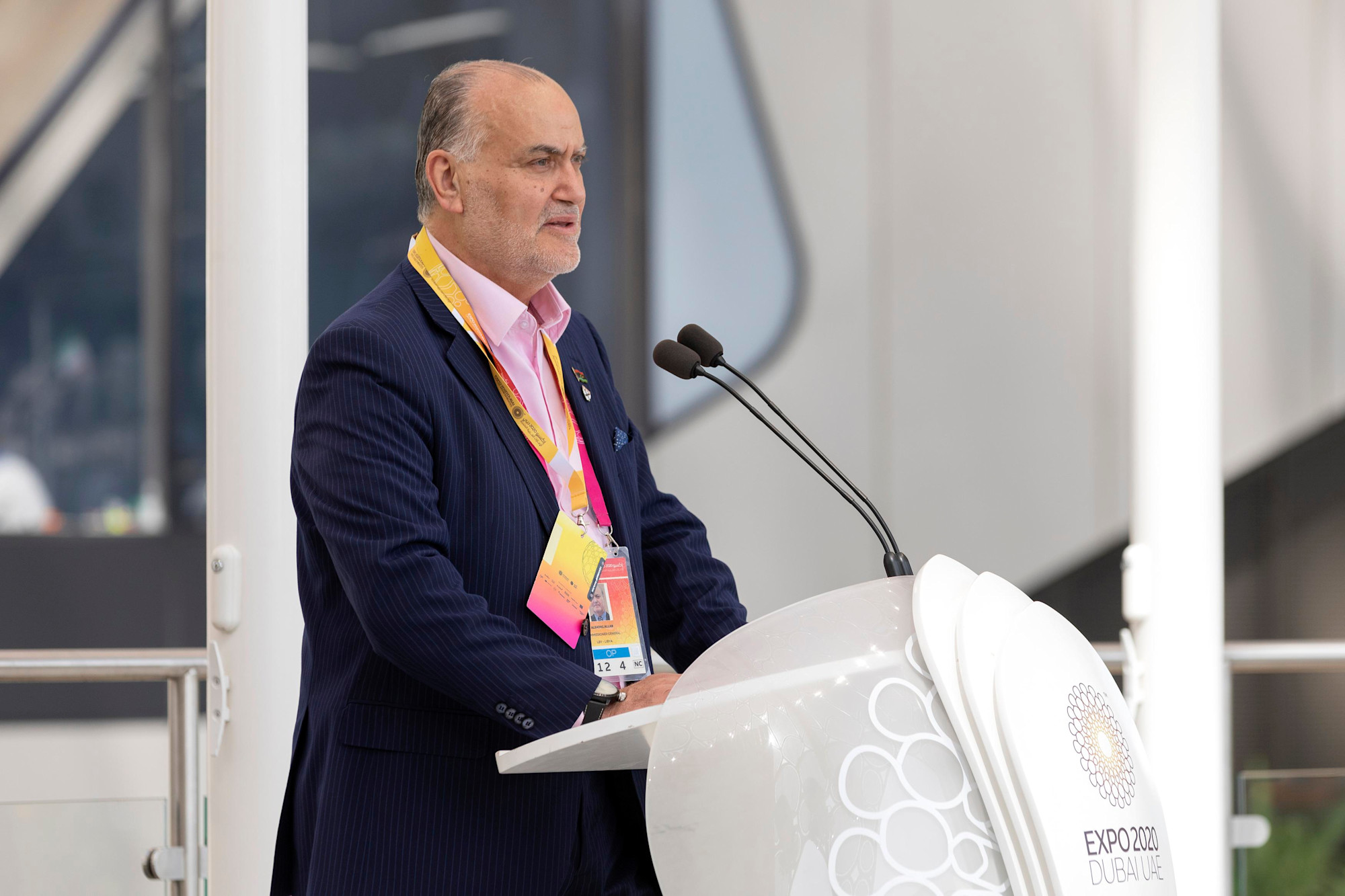 Alsadeg Allab, Commissioner General of Libya Pavilion at Expo 2020 Dubai speaks during the Libya National Day Ceremony at Al Wasl m60676