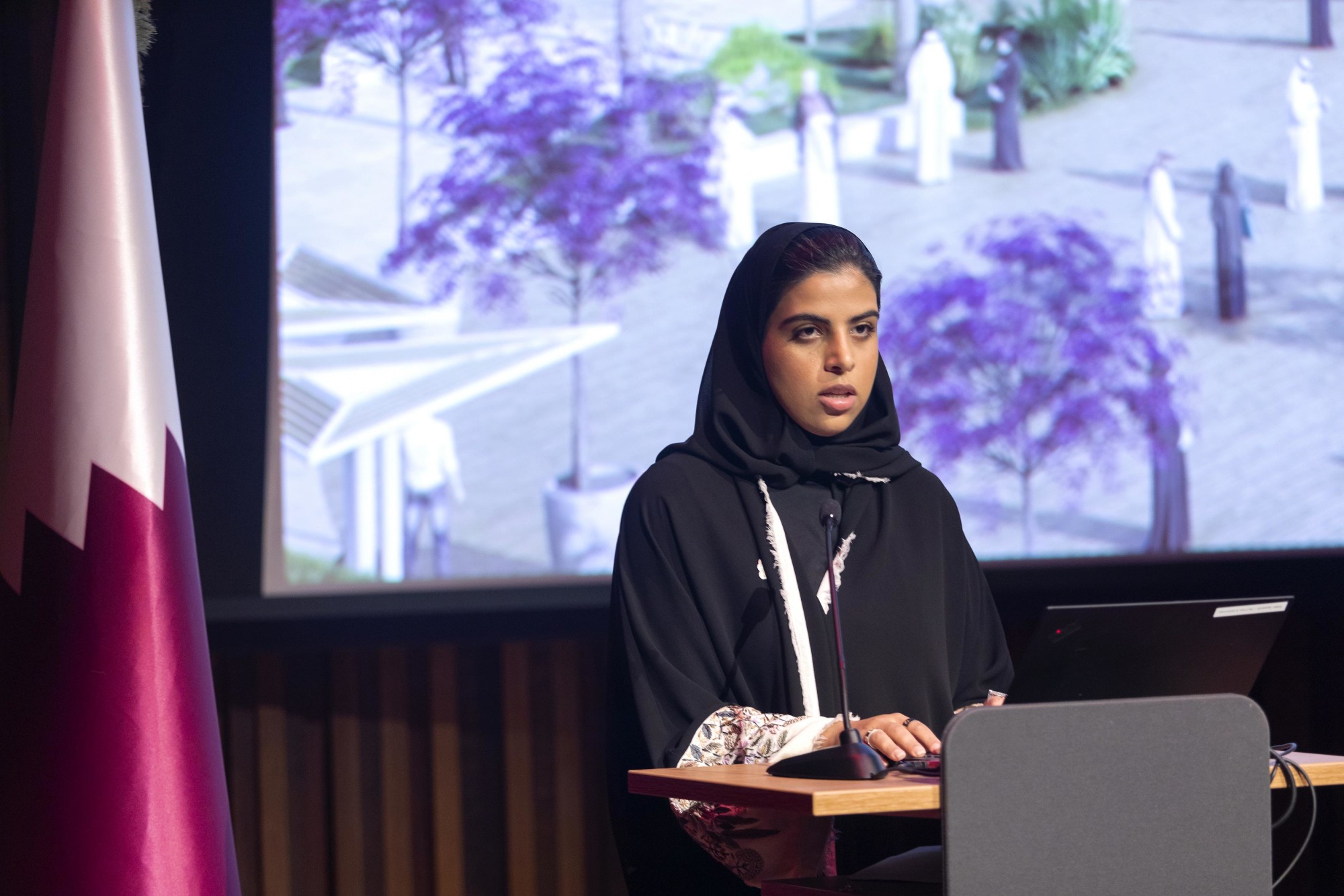 Fatma Al-Abdulmalek, Site Development Manager of Expo 2023 Doha speaks during Expo 2023 Doha, Qatar Horticultural launch event at Terra the Auditorium m14585