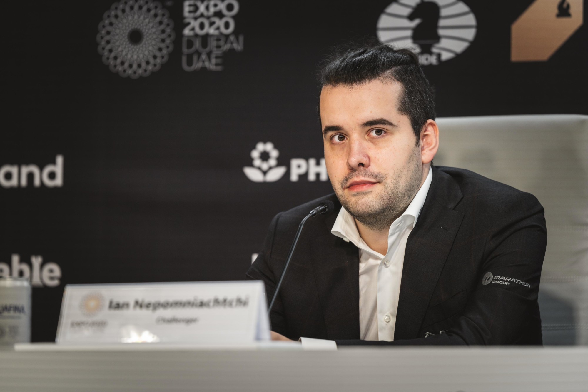 Ian Nepomniachtchi during the FIDE World Chess Championship Game 7 at Dubai Exhibition Centre (DEC) Web Image m16839